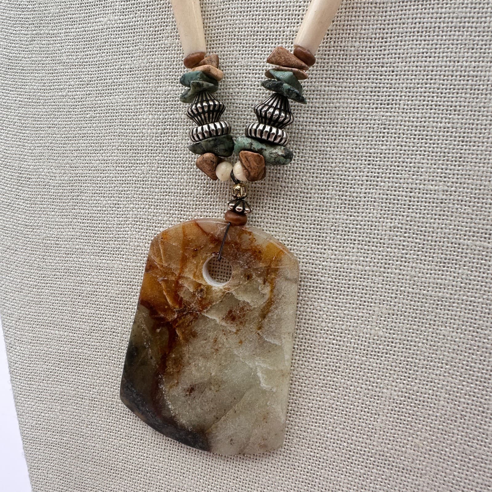 Vintage Southwestern Earthy Resin Pendant Hairpipe Necklace Boho Bead Statement - Thumbnail 4