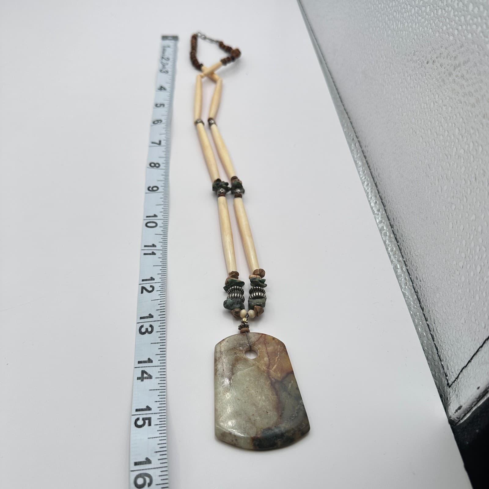 Vintage Southwestern Earthy Resin Pendant Hairpipe Necklace Boho Bead Statement - Thumbnail 11