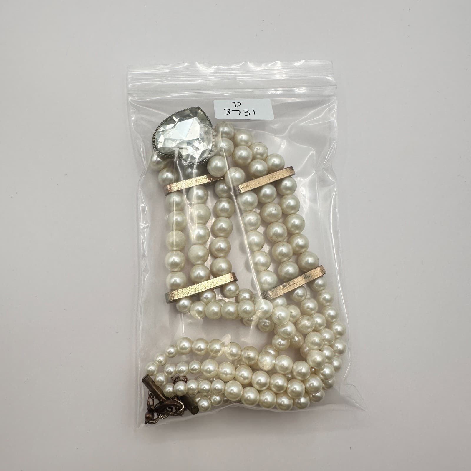 Vintage 90s Cream Faux Pearl Necklace Multi Strand Heart Glass Statement Jewelry - Thumbnail 10