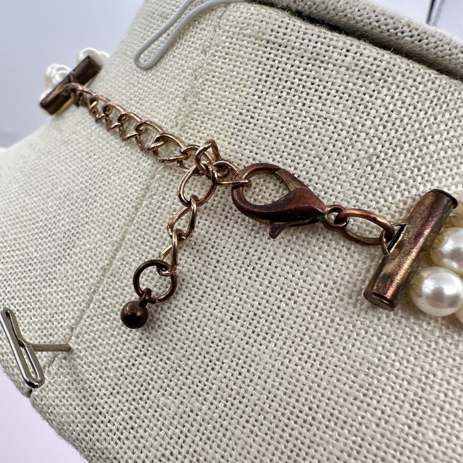 Vintage 90s Cream Faux Pearl Necklace Multi Strand Heart Glass Statement Jewelry - Thumbnail 8