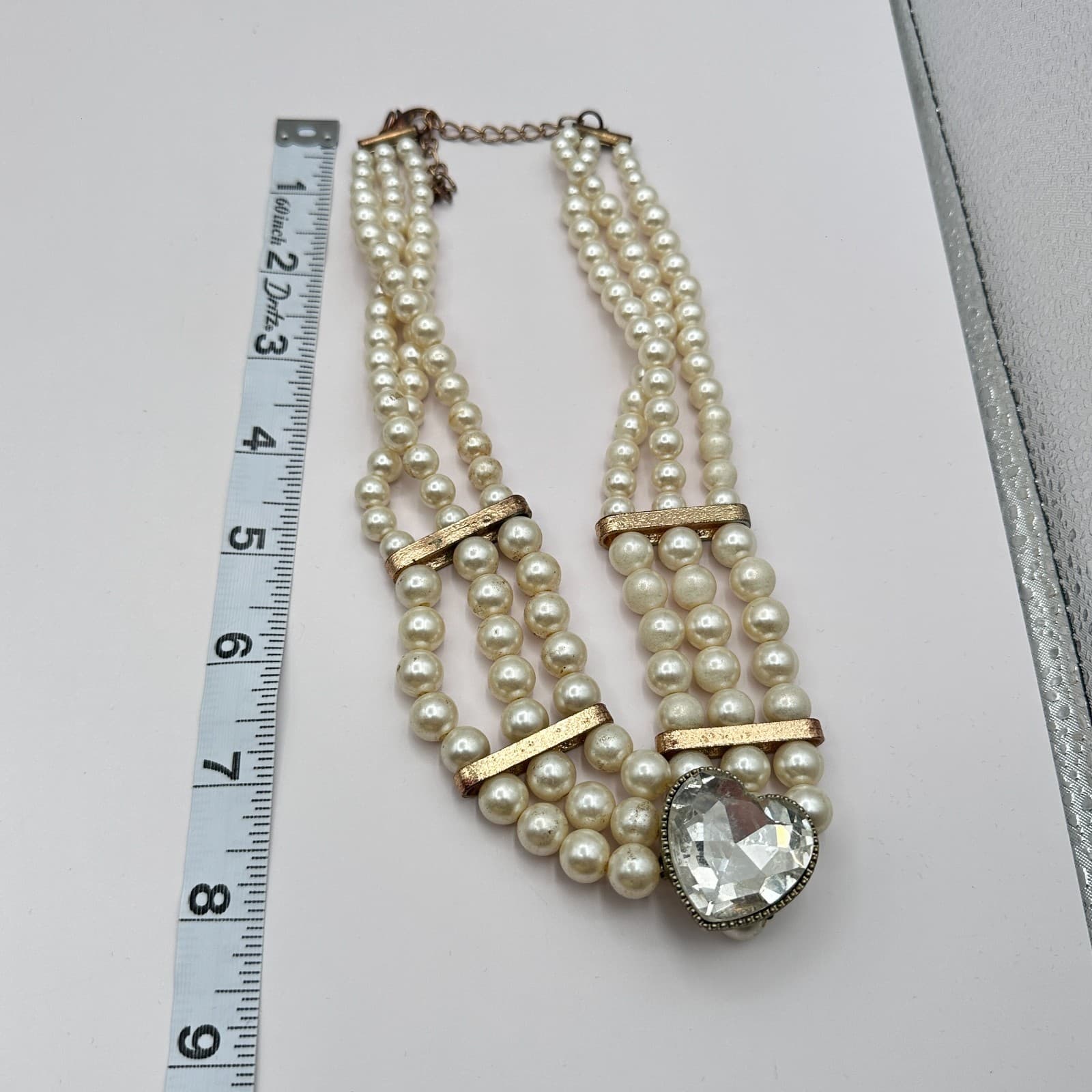 Vintage 90s Cream Faux Pearl Necklace Multi Strand Heart Glass Statement Jewelry - Thumbnail 9