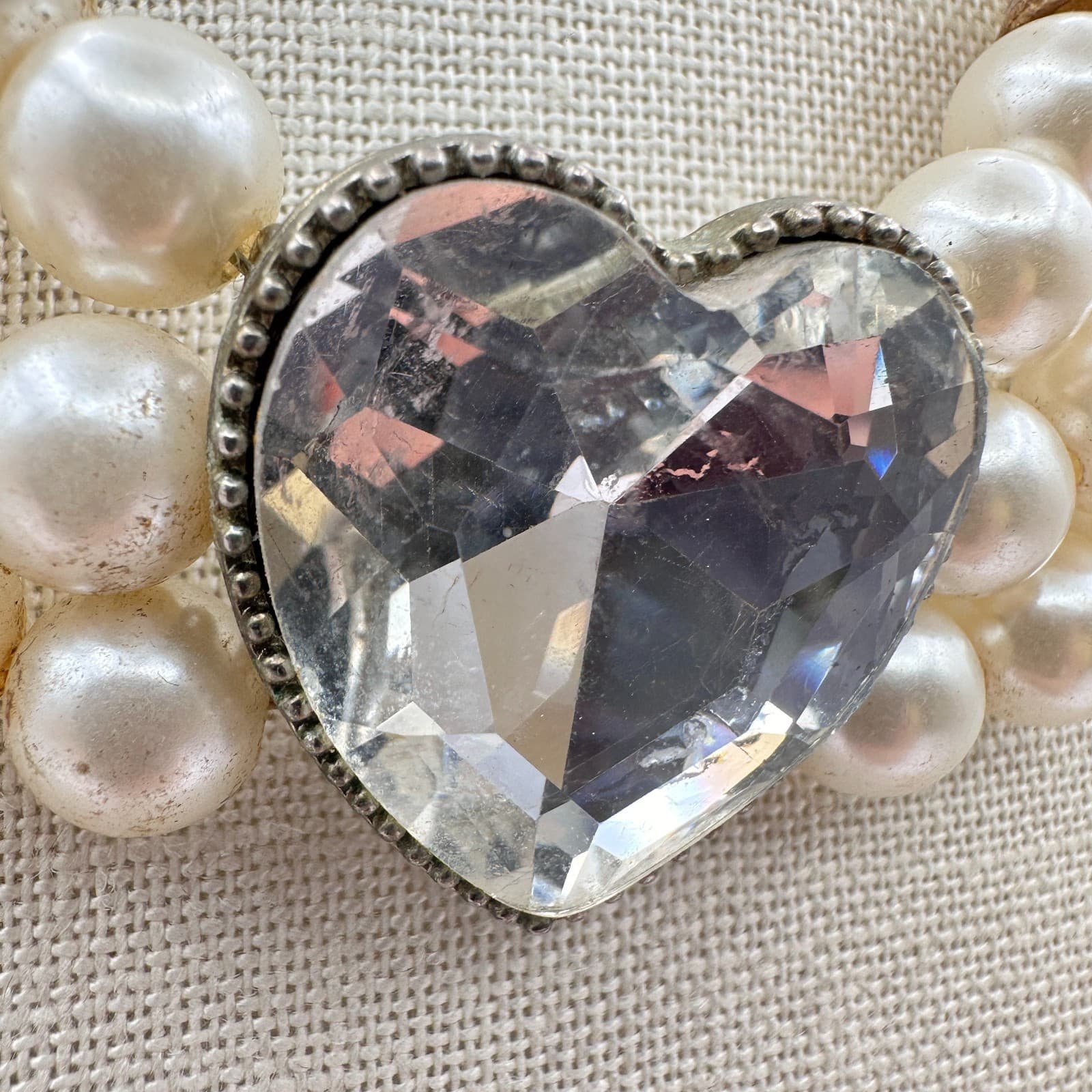 Vintage 90s Cream Faux Pearl Necklace Multi Strand Heart Glass Statement Jewelry - Thumbnail 6