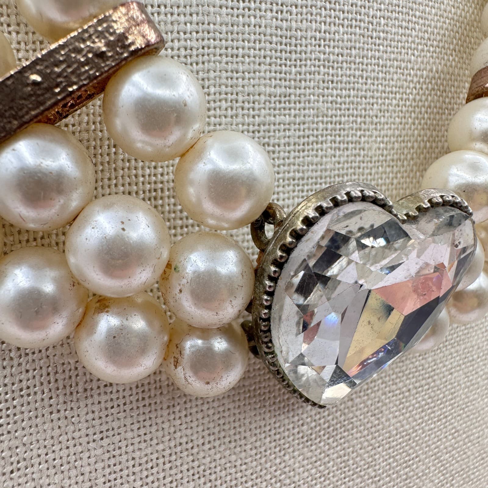 Vintage 90s Cream Faux Pearl Necklace Multi Strand Heart Glass Statement Jewelry - Thumbnail 5