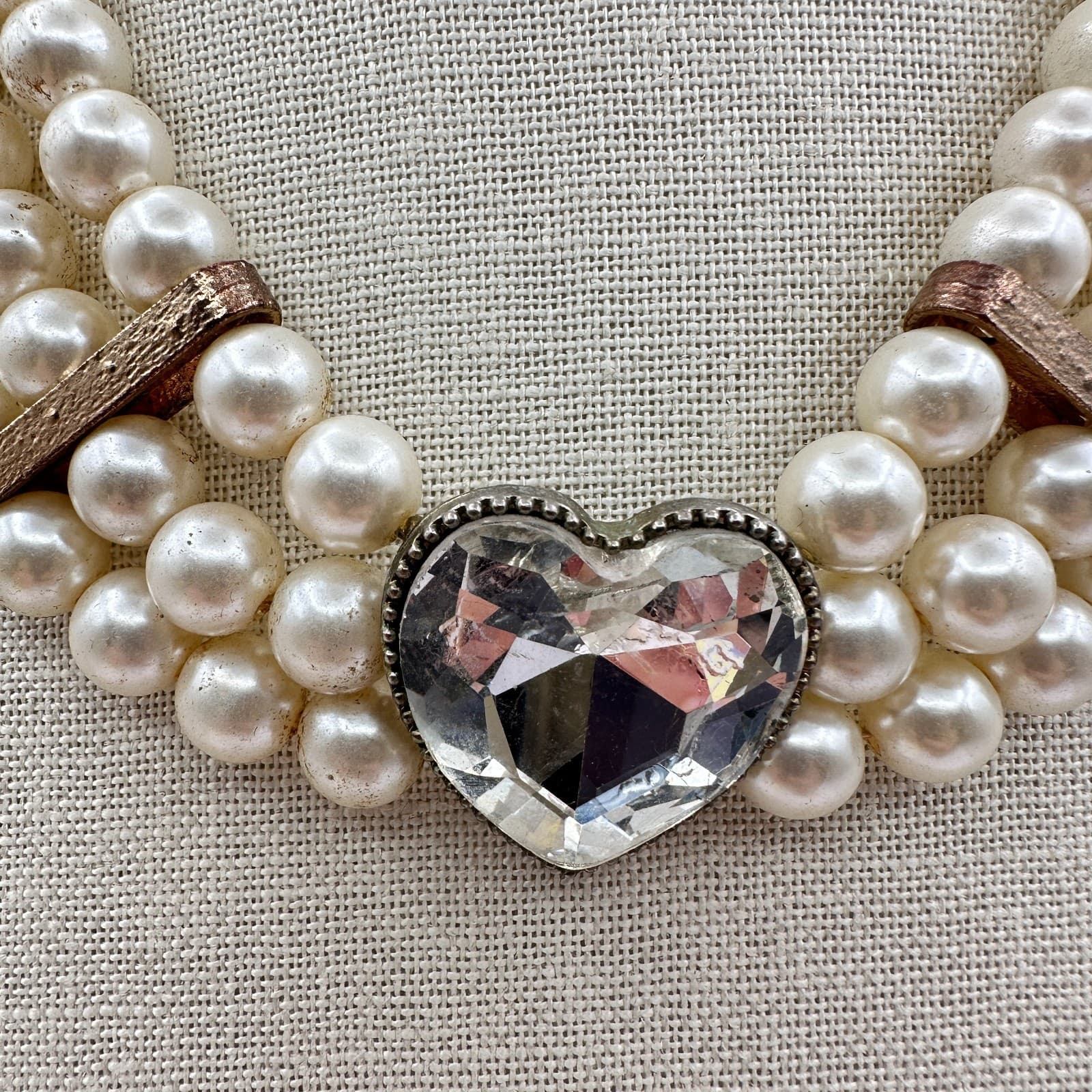 Vintage 90s Cream Faux Pearl Necklace Multi Strand Heart Glass Statement Jewelry - Thumbnail 3
