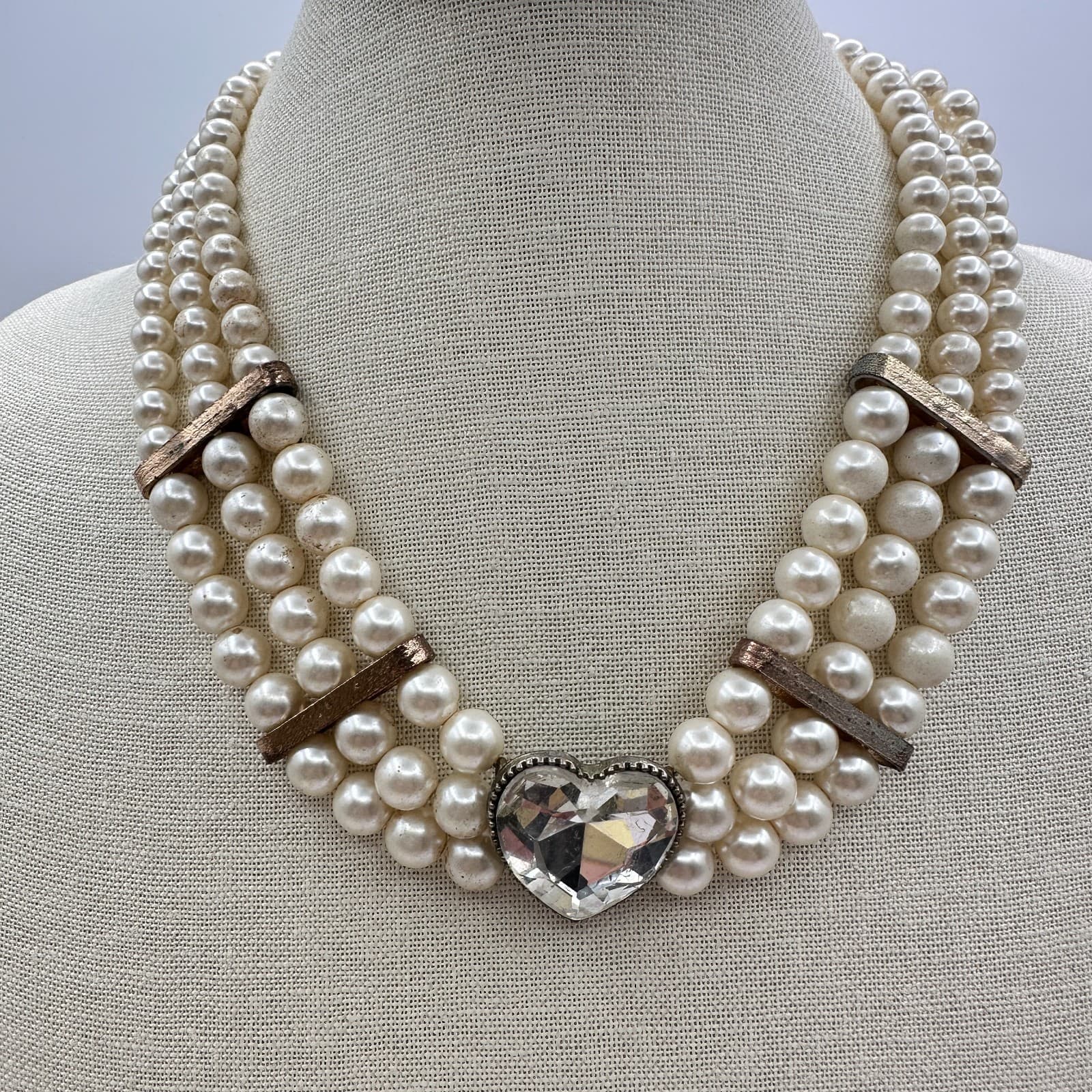 Vintage 90s Cream Faux Pearl Necklace Multi Strand Heart Glass Statement Jewelry - Thumbnail 2