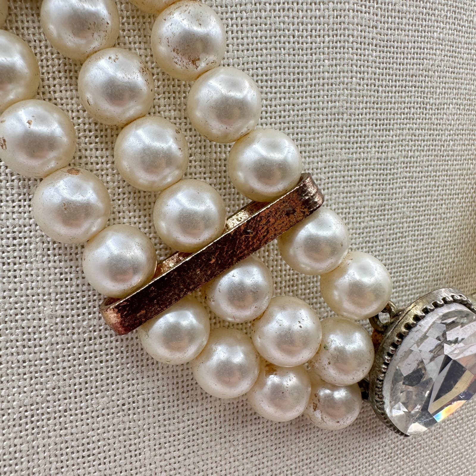 Vintage 90s Cream Faux Pearl Necklace Multi Strand Heart Glass Statement Jewelry - Thumbnail 4