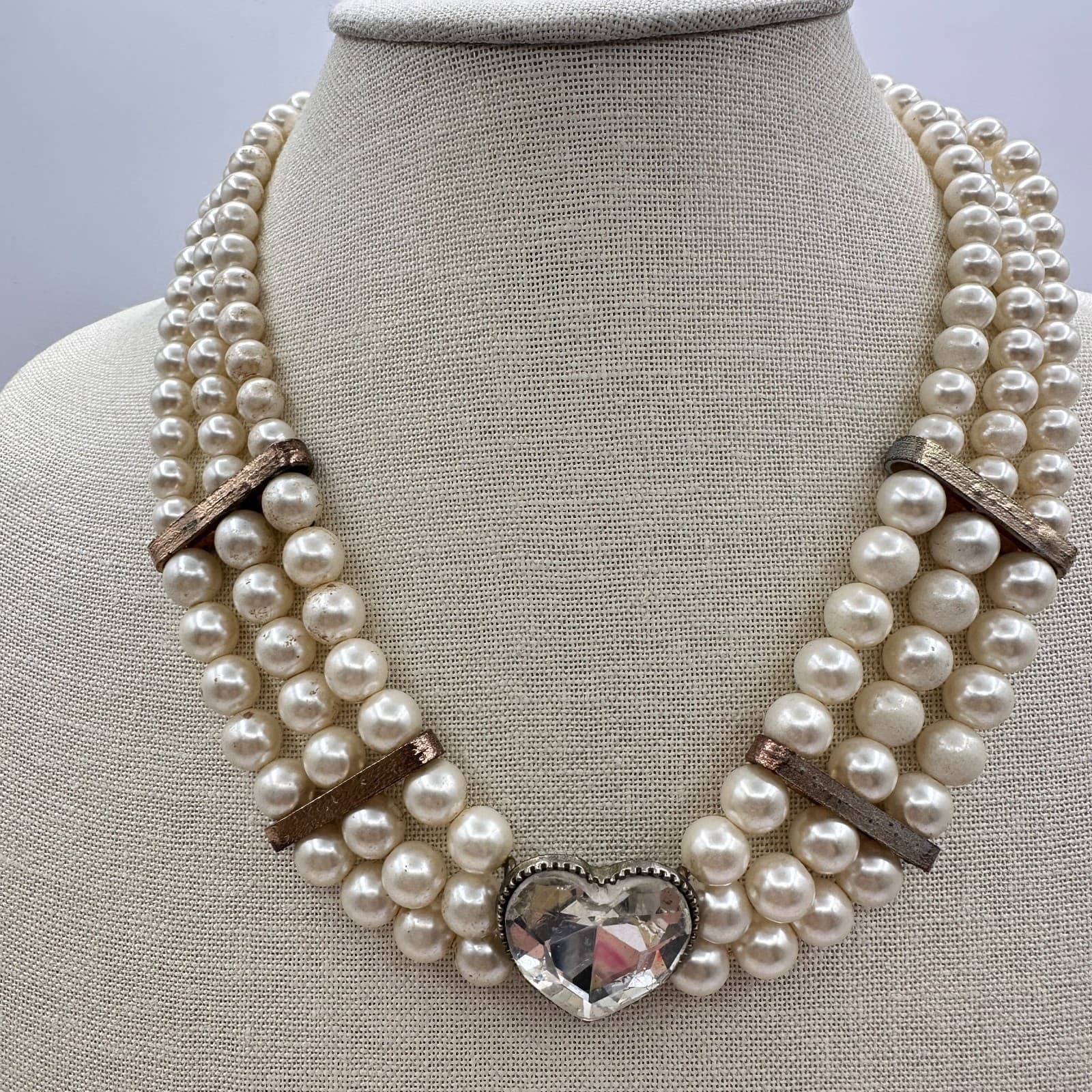 Vintage 90s Cream Faux Pearl Necklace Multi Strand Heart Glass Statement Jewelry - Thumbnail 7