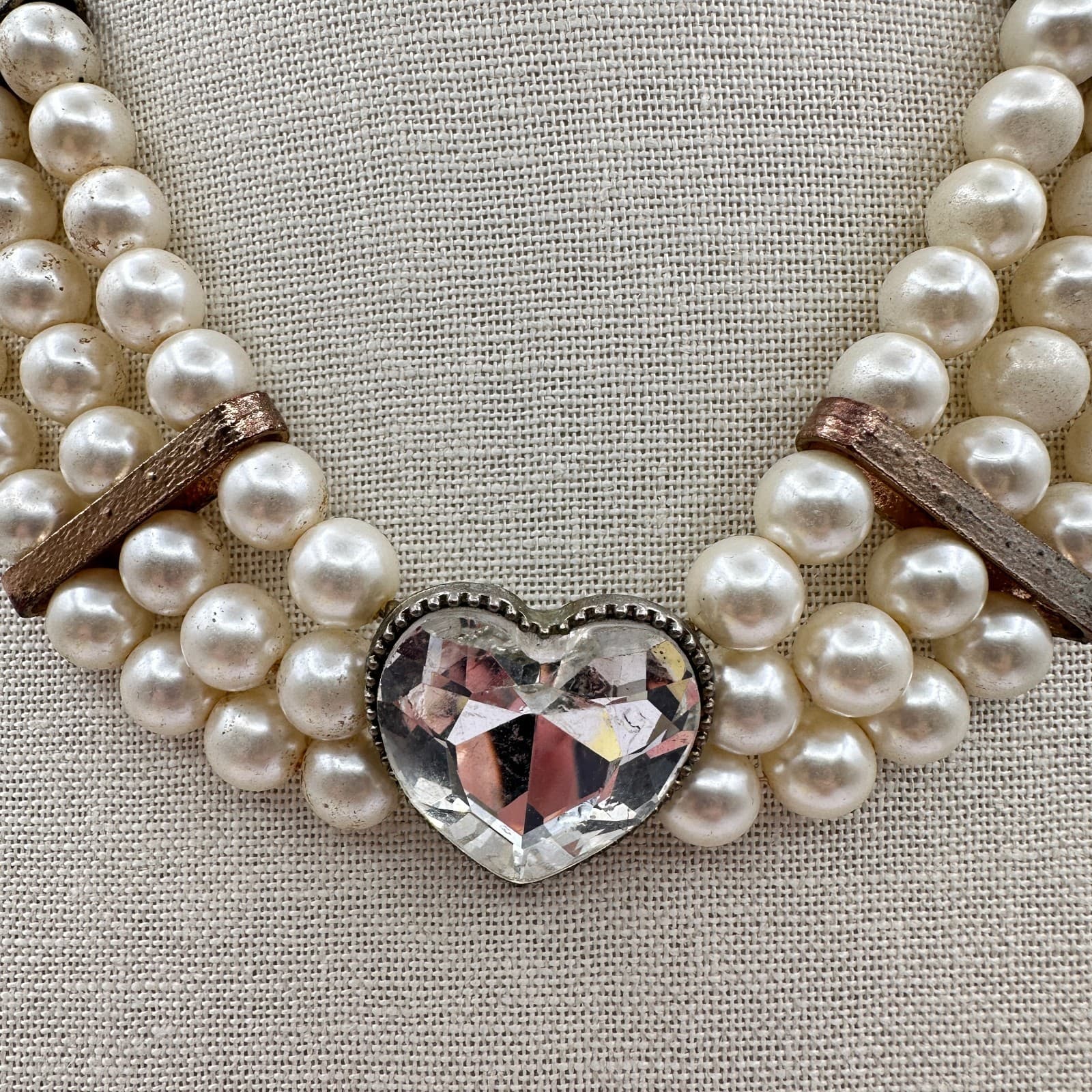 Vintage 90s Cream Faux Pearl Necklace Multi Strand Heart Glass Statement Jewelry