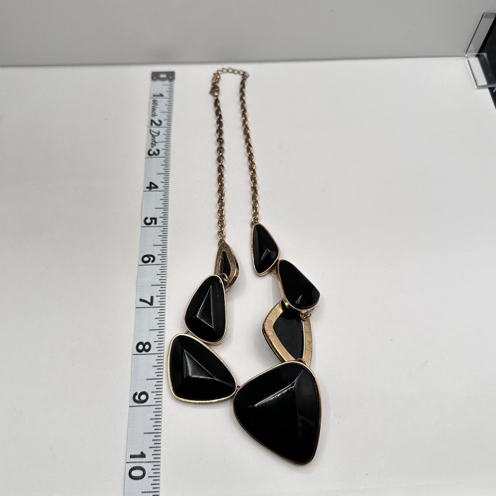 Vintage 90s Black Onyx Style Statement Necklace Gold Tone Geometric Jewelry Y2K - Thumbnail 9