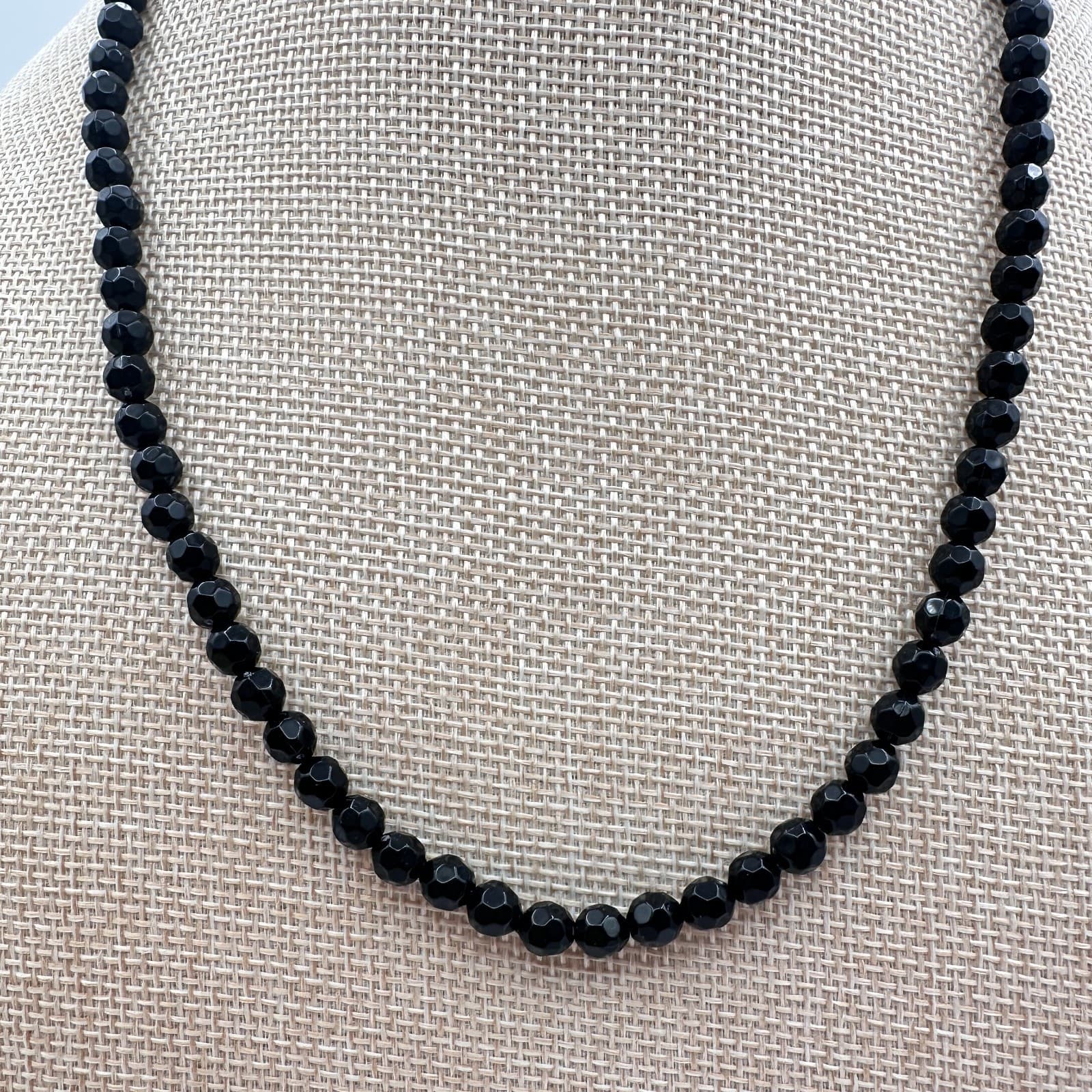 Vintage 90s Black Faceted Glass Bead Necklace Classic Minimalist Goth Jewelry