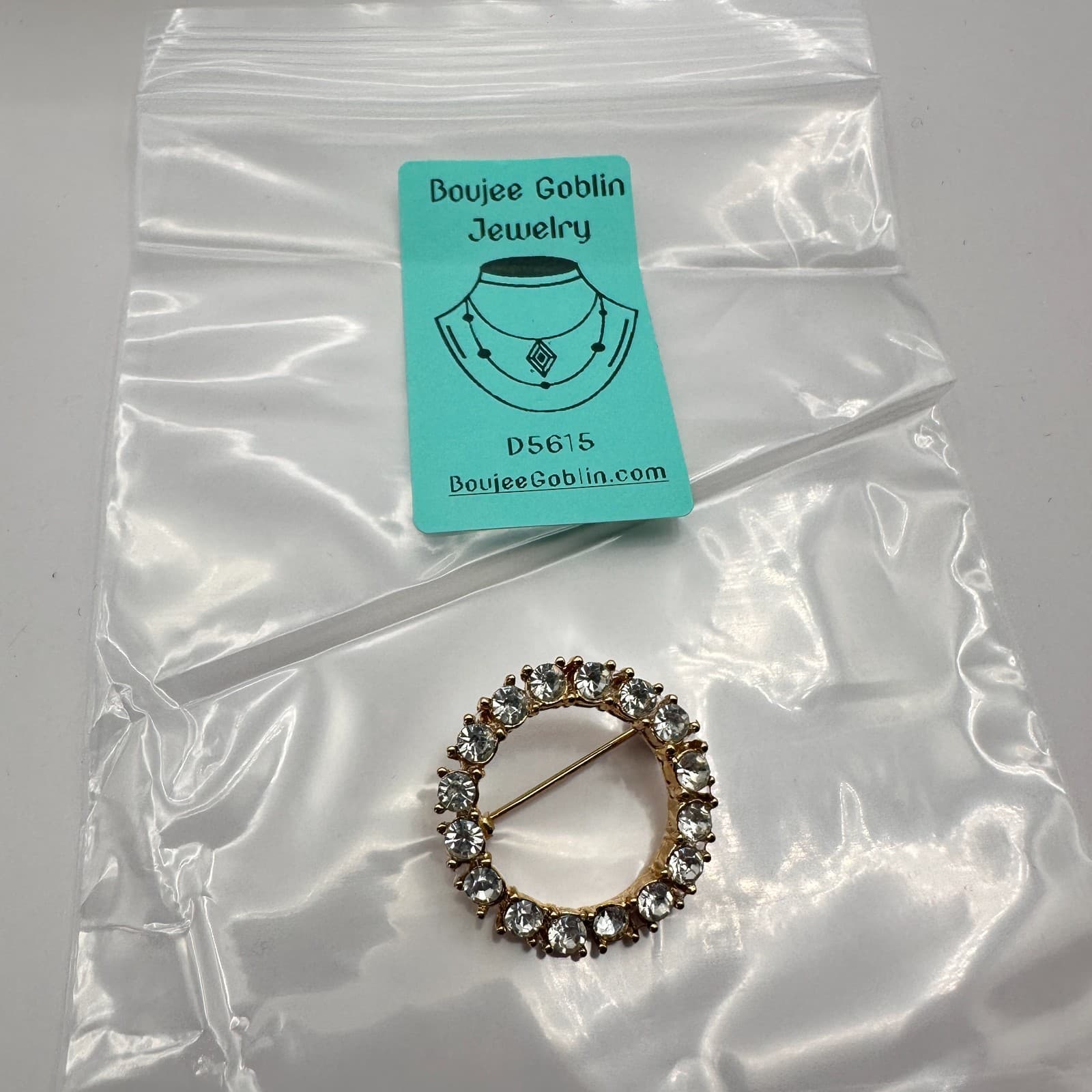 Vintage 90s Gold Tone Wreath Brooch Pin Clear Rhinestone Women's Fashion Jewelry - Thumbnail 8