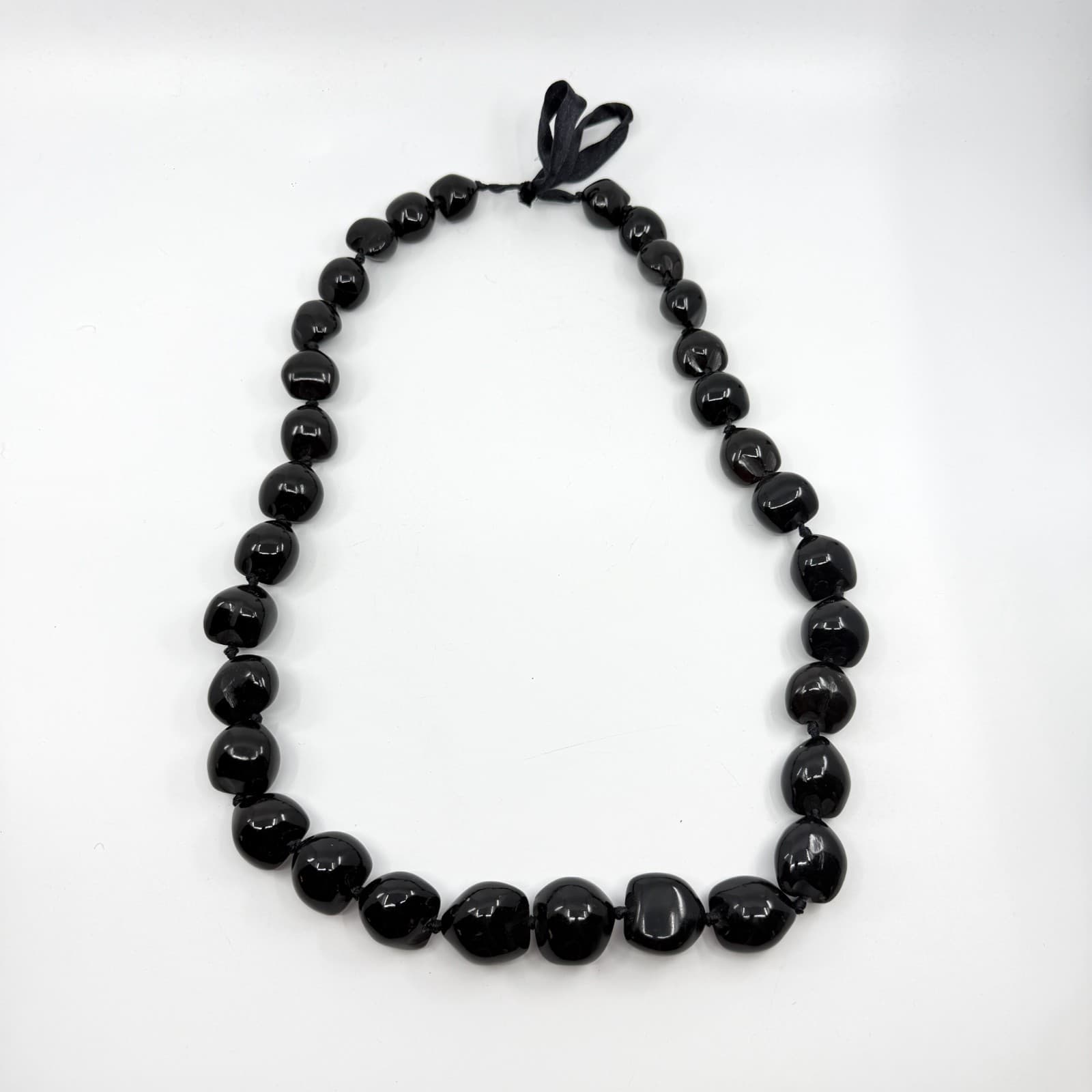 Chunky Black Kukui Nut Lei Necklace Gothic Hawaiian Strand Ribbon Tie Gift - Thumbnail 2