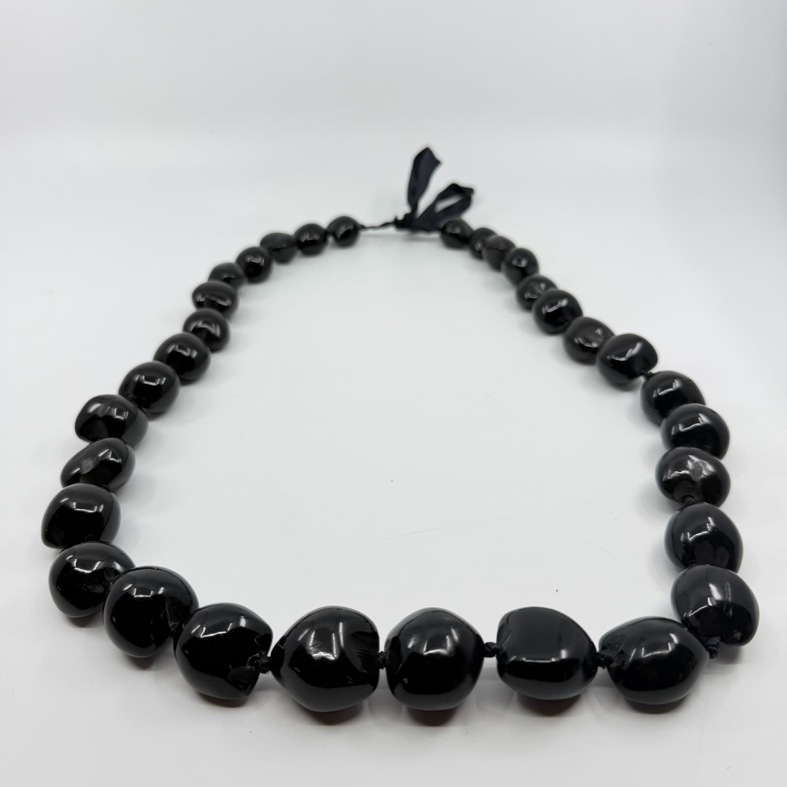 Chunky Black Kukui Nut Lei Necklace Gothic Hawaiian Strand Ribbon Tie Gift - Thumbnail 3