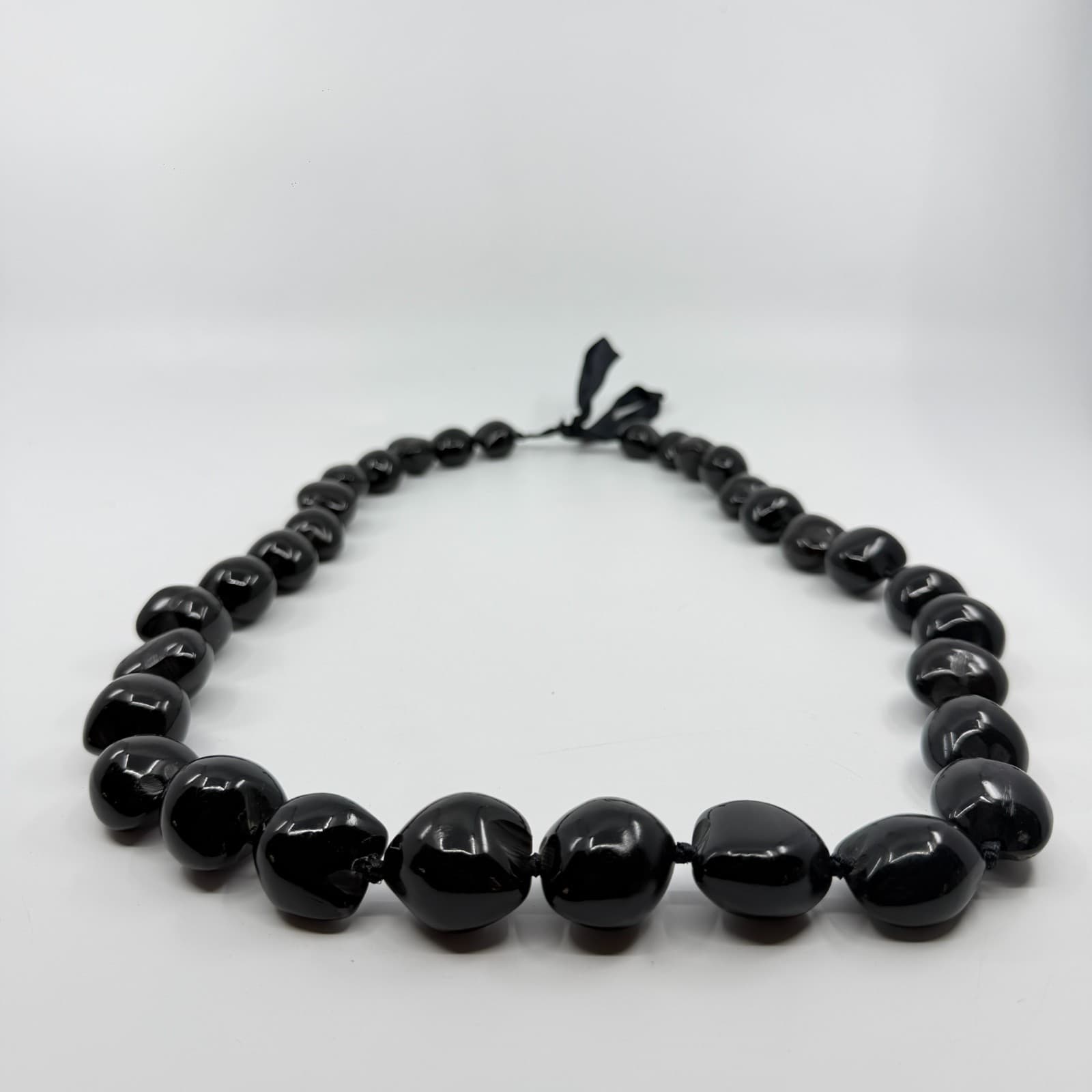 Chunky Black Kukui Nut Lei Necklace Gothic Hawaiian Strand Ribbon Tie Gift