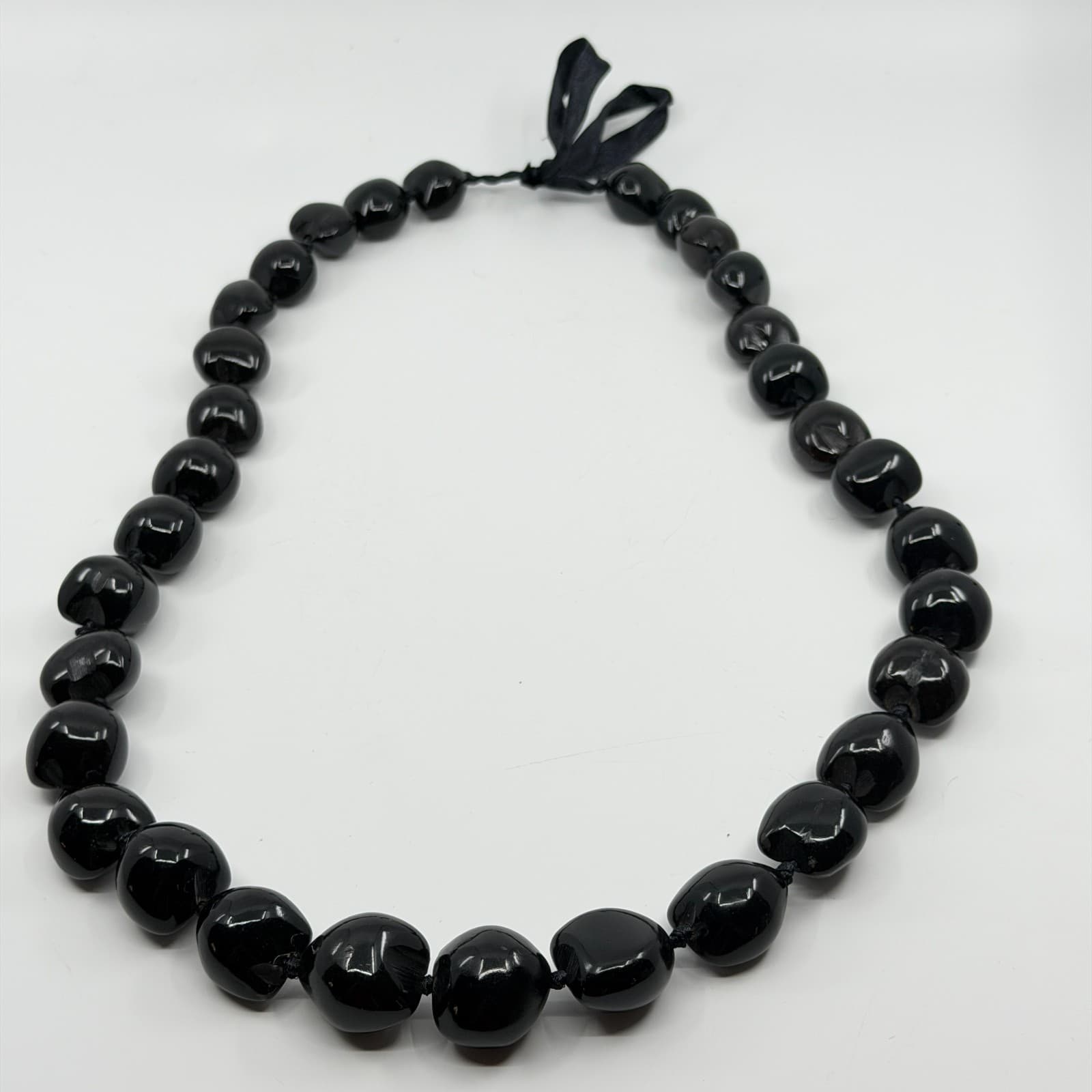 Chunky Black Kukui Nut Lei Necklace Gothic Hawaiian Strand Ribbon Tie Gift - Thumbnail 7
