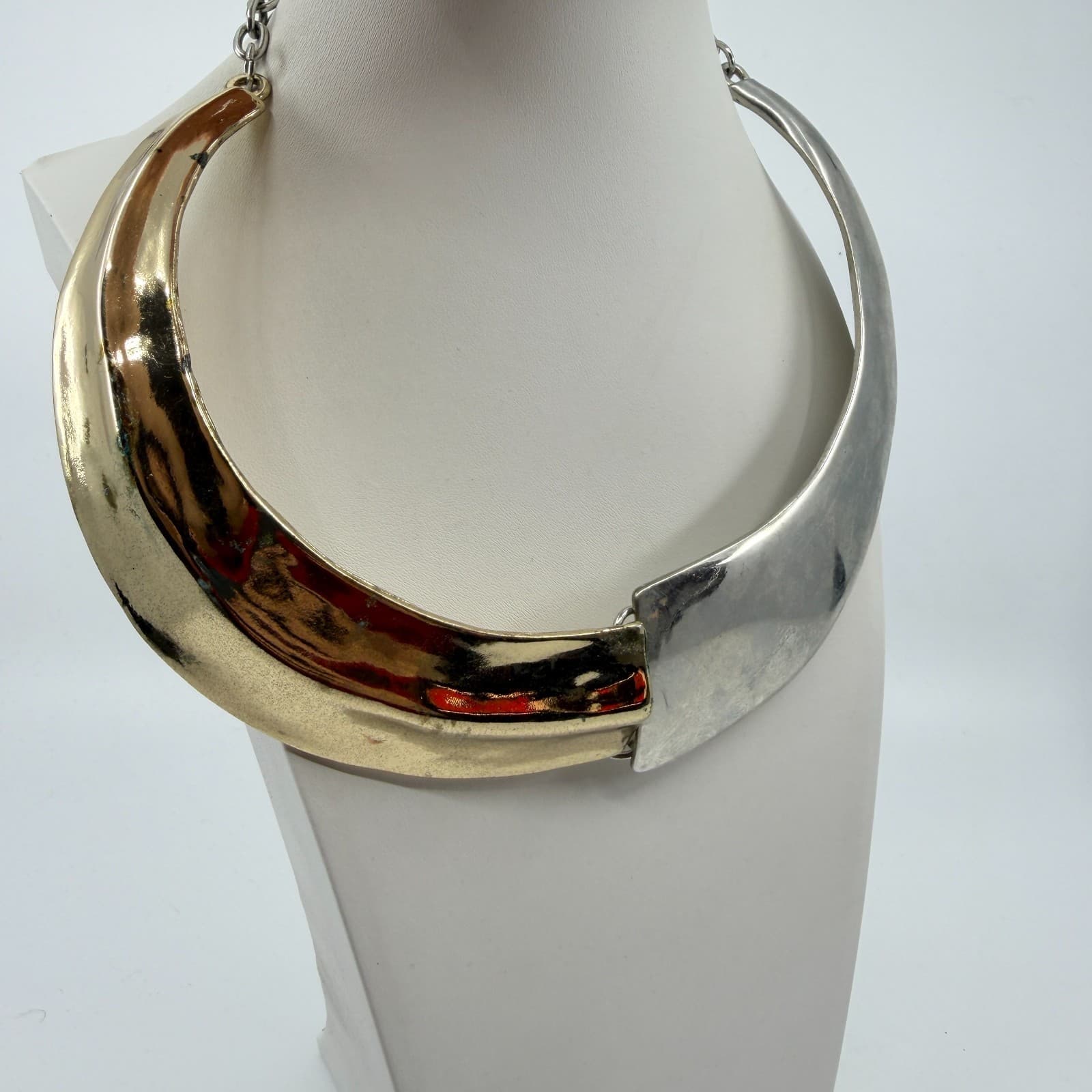 Two Tone Gold & Silver Tone Mixed Metal Collar Choker Necklace Statement Chunky - Thumbnail 2