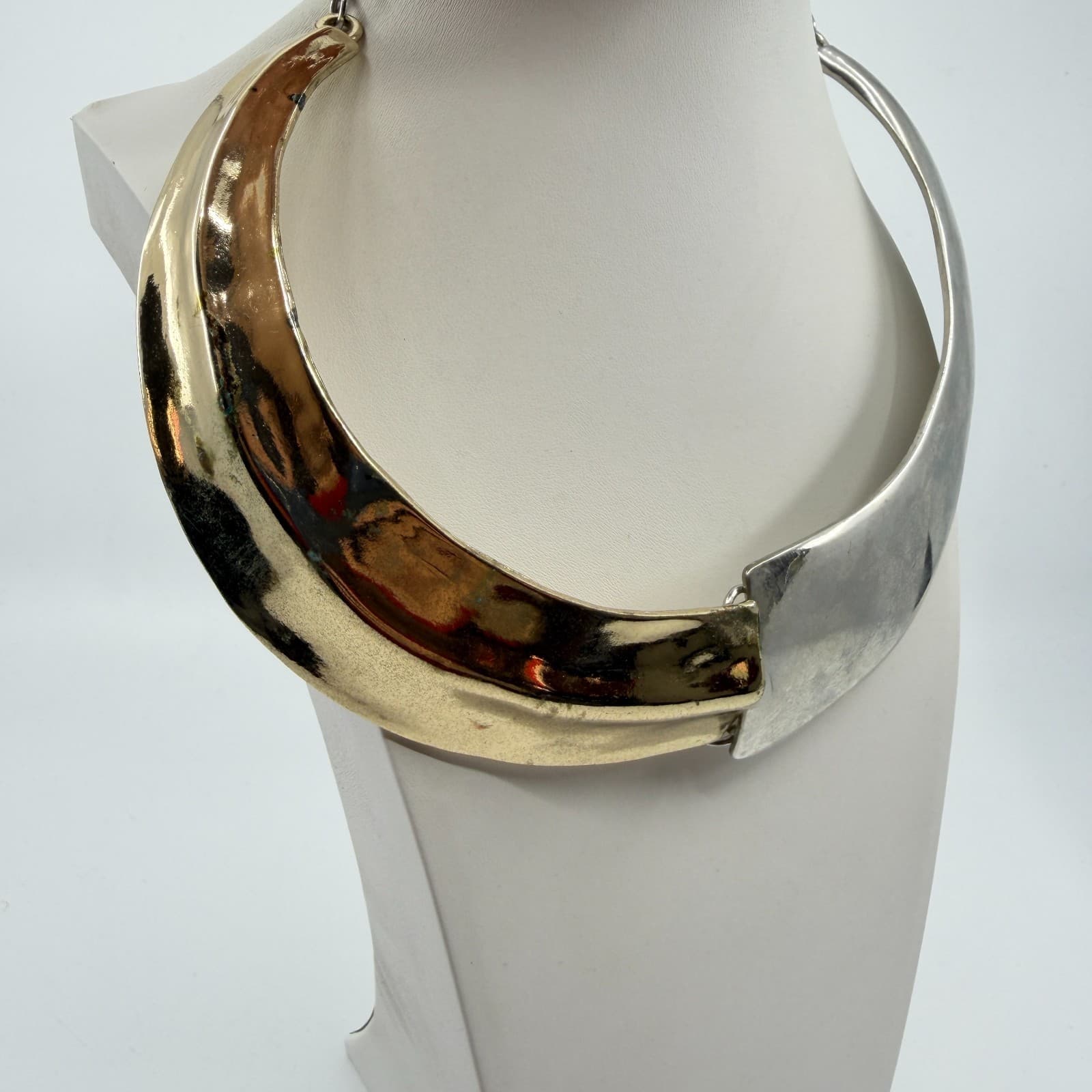 Two Tone Gold & Silver Tone Mixed Metal Collar Choker Necklace Statement Chunky - Thumbnail 4