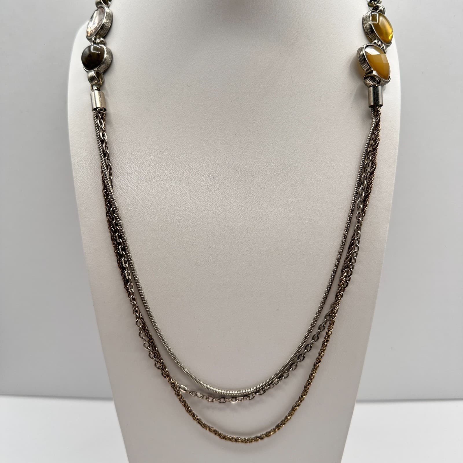 Vintage 90s LOFT Multi-Strand Layered Necklace Silver Tone Earthy Stones Jewelry