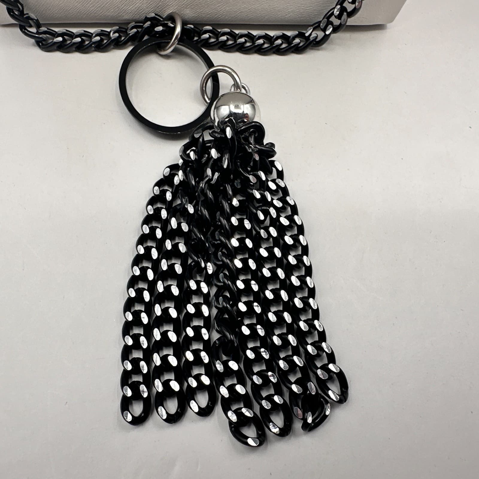 Vintage 90s Black Tassel Fringe Pendant Necklace Curb Chain Classic Jewelry Boho - Thumbnail 4