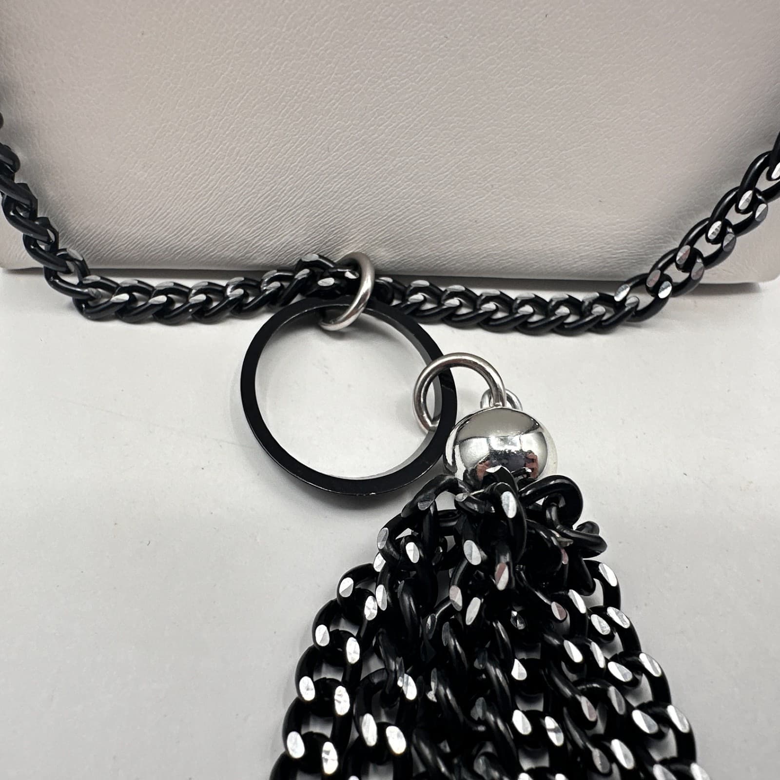 Vintage 90s Black Tassel Fringe Pendant Necklace Curb Chain Classic Jewelry Boho - Thumbnail 5