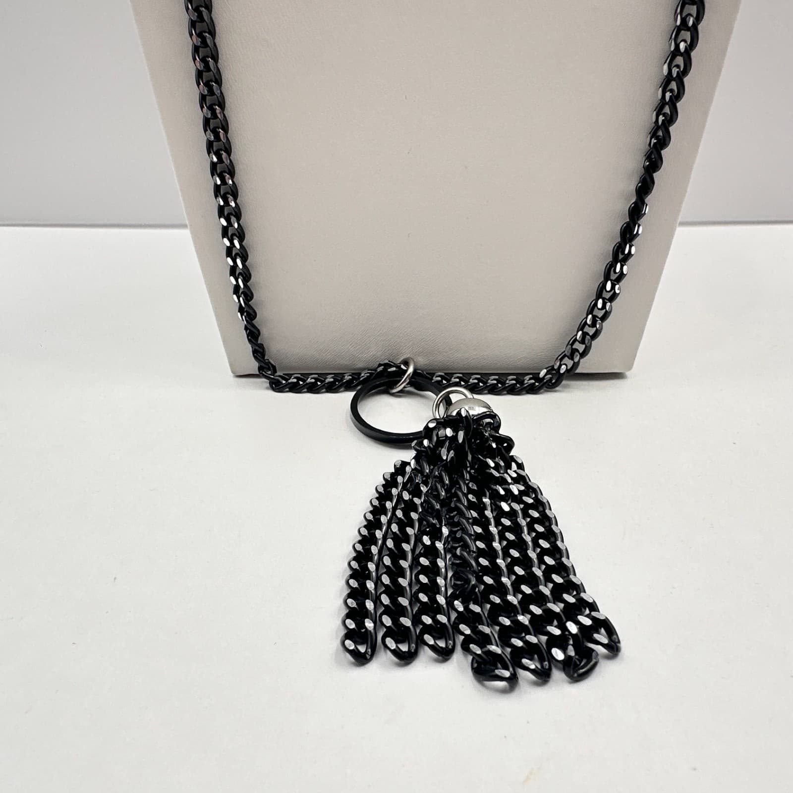 Vintage 90s Black Tassel Fringe Pendant Necklace Curb Chain Classic Jewelry Boho - Thumbnail 6