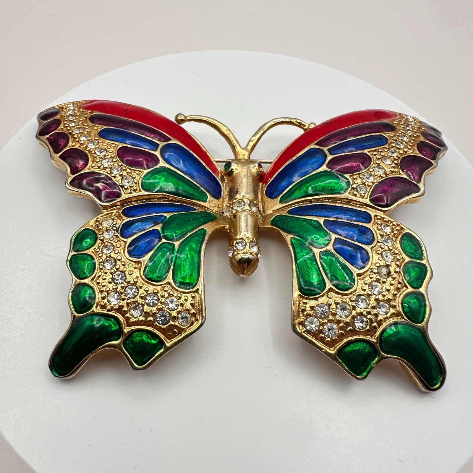 Vintage 90s Butterfly Brooch Gold Tone Enamel Clear Glass Boho Fashion Jewelry - Thumbnail 4