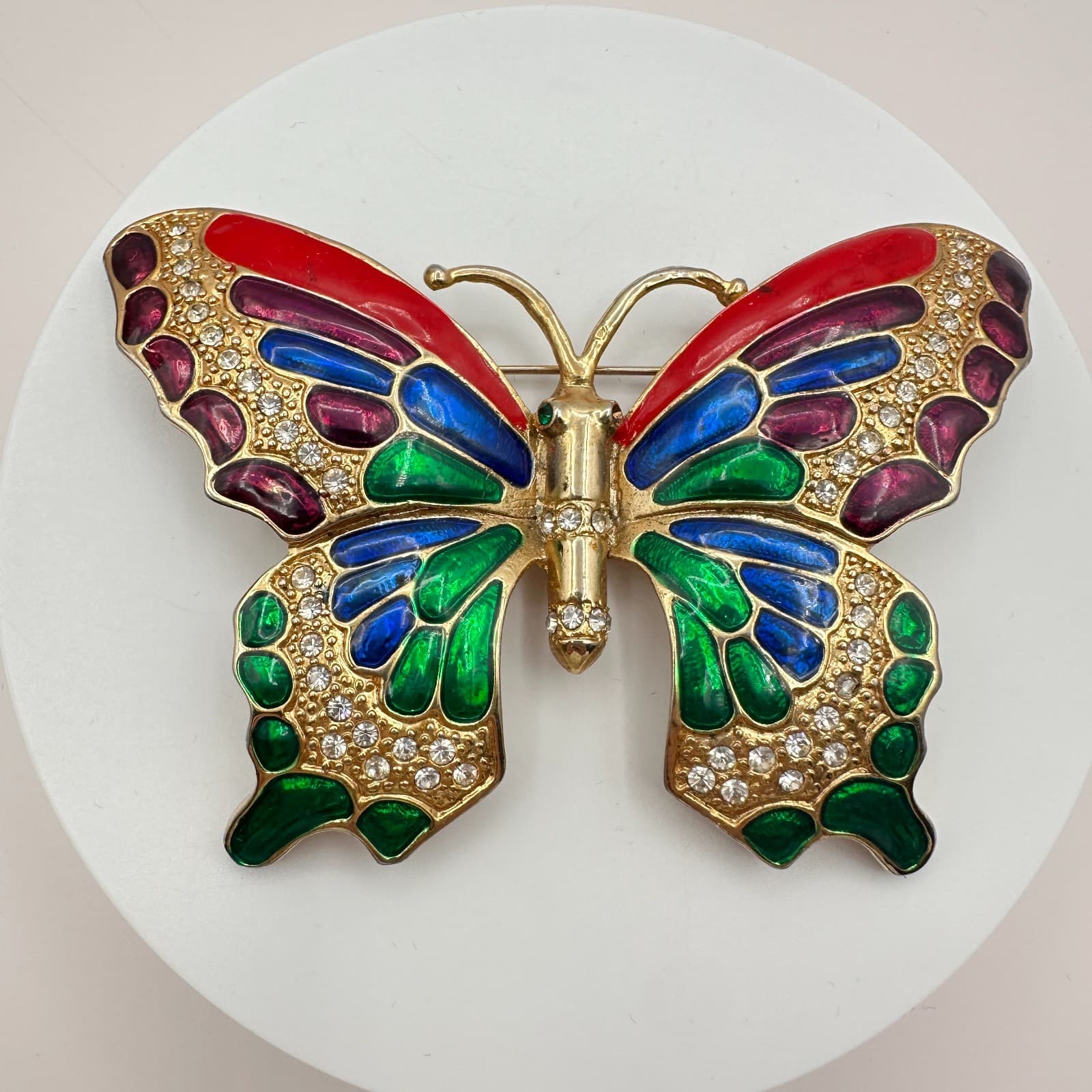 Vintage 90s Butterfly Brooch Gold Tone Enamel Clear Glass Boho Fashion Jewelry