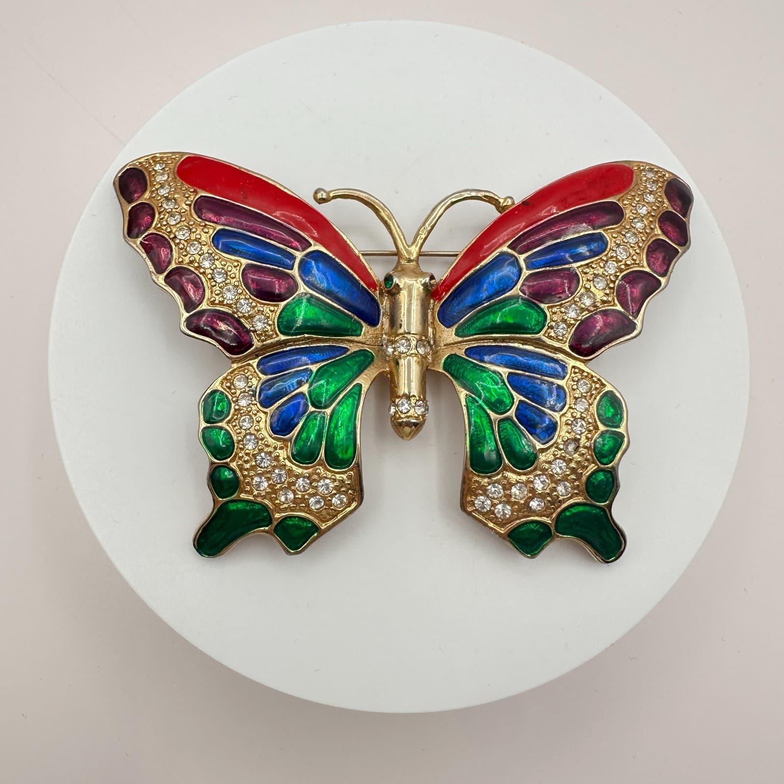 Vintage 90s Butterfly Brooch Gold Tone Enamel Clear Glass Boho Fashion Jewelry - Thumbnail 3