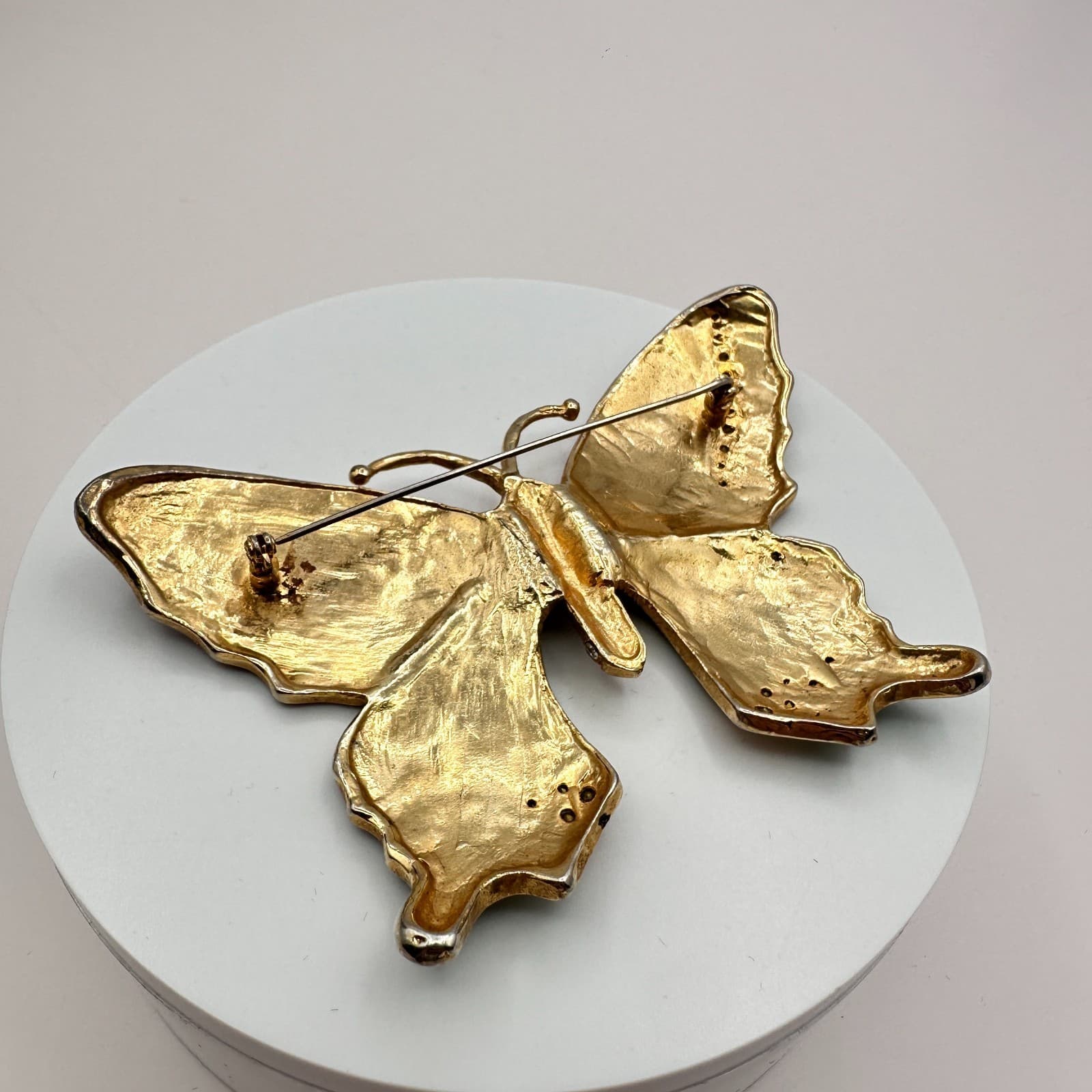 Vintage 90s Butterfly Brooch Gold Tone Enamel Clear Glass Boho Fashion Jewelry - Thumbnail 5