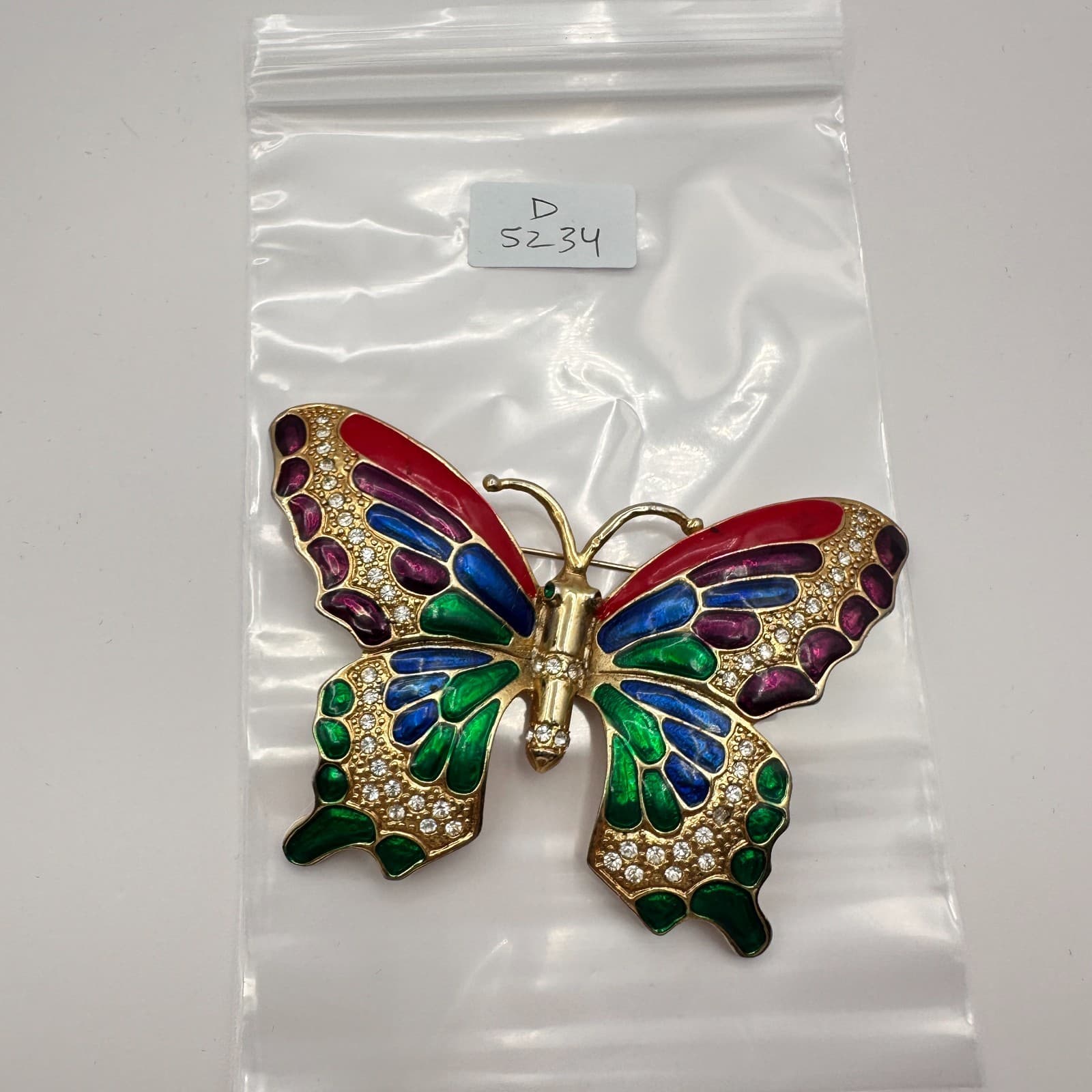 Vintage 90s Butterfly Brooch Gold Tone Enamel Clear Glass Boho Fashion Jewelry - Thumbnail 7