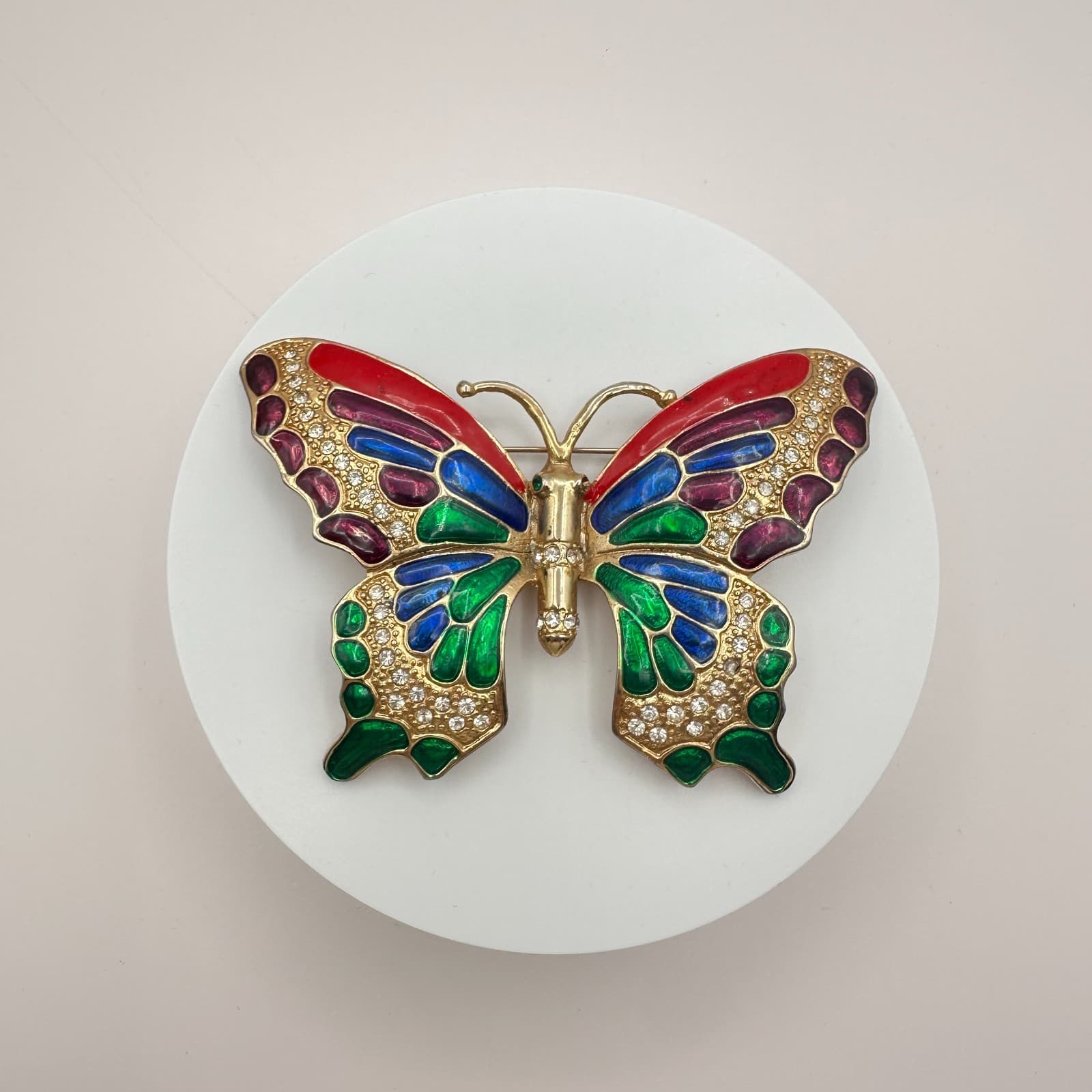 Vintage 90s Butterfly Brooch Gold Tone Enamel Clear Glass Boho Fashion Jewelry - Thumbnail 2