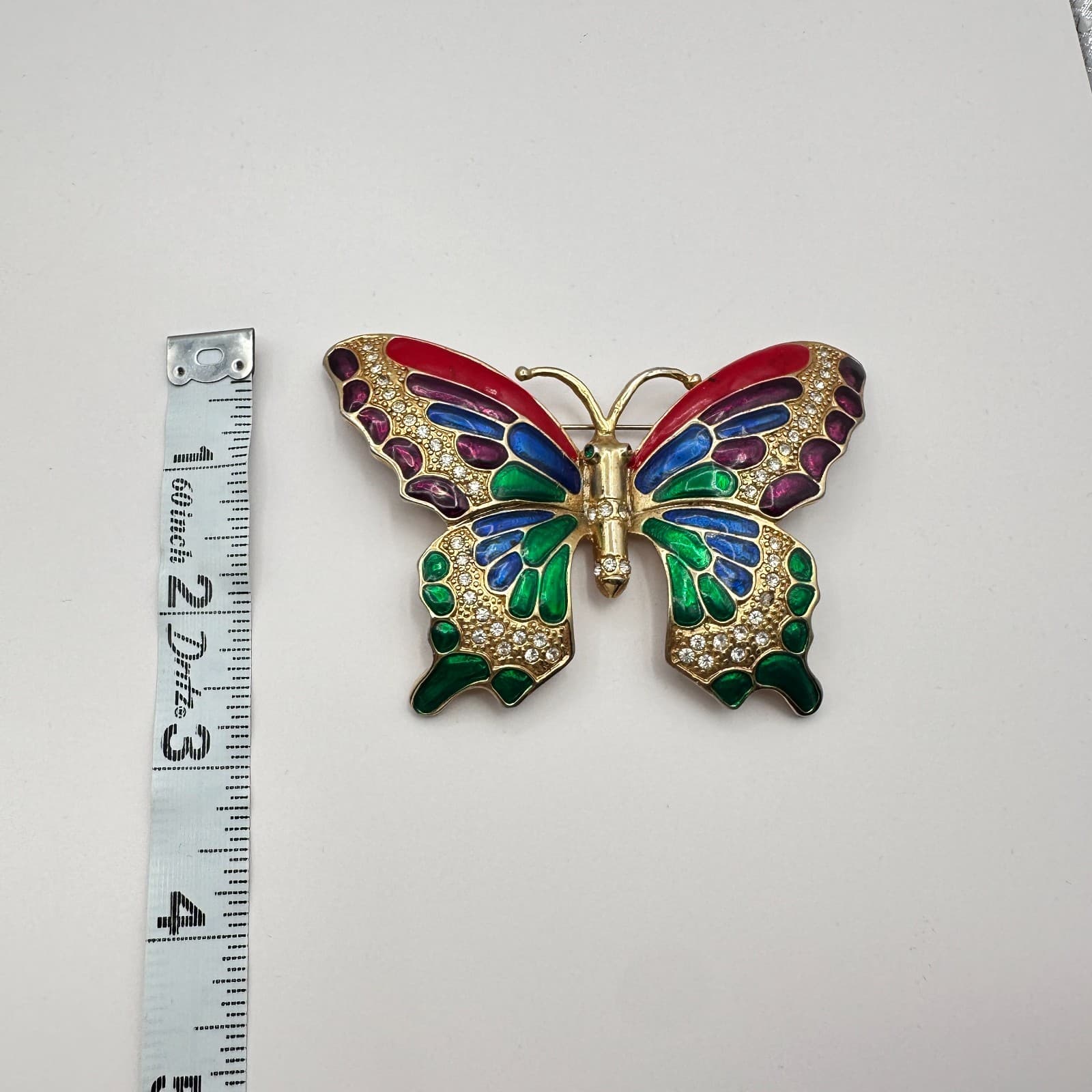 Vintage 90s Butterfly Brooch Gold Tone Enamel Clear Glass Boho Fashion Jewelry - Thumbnail 6
