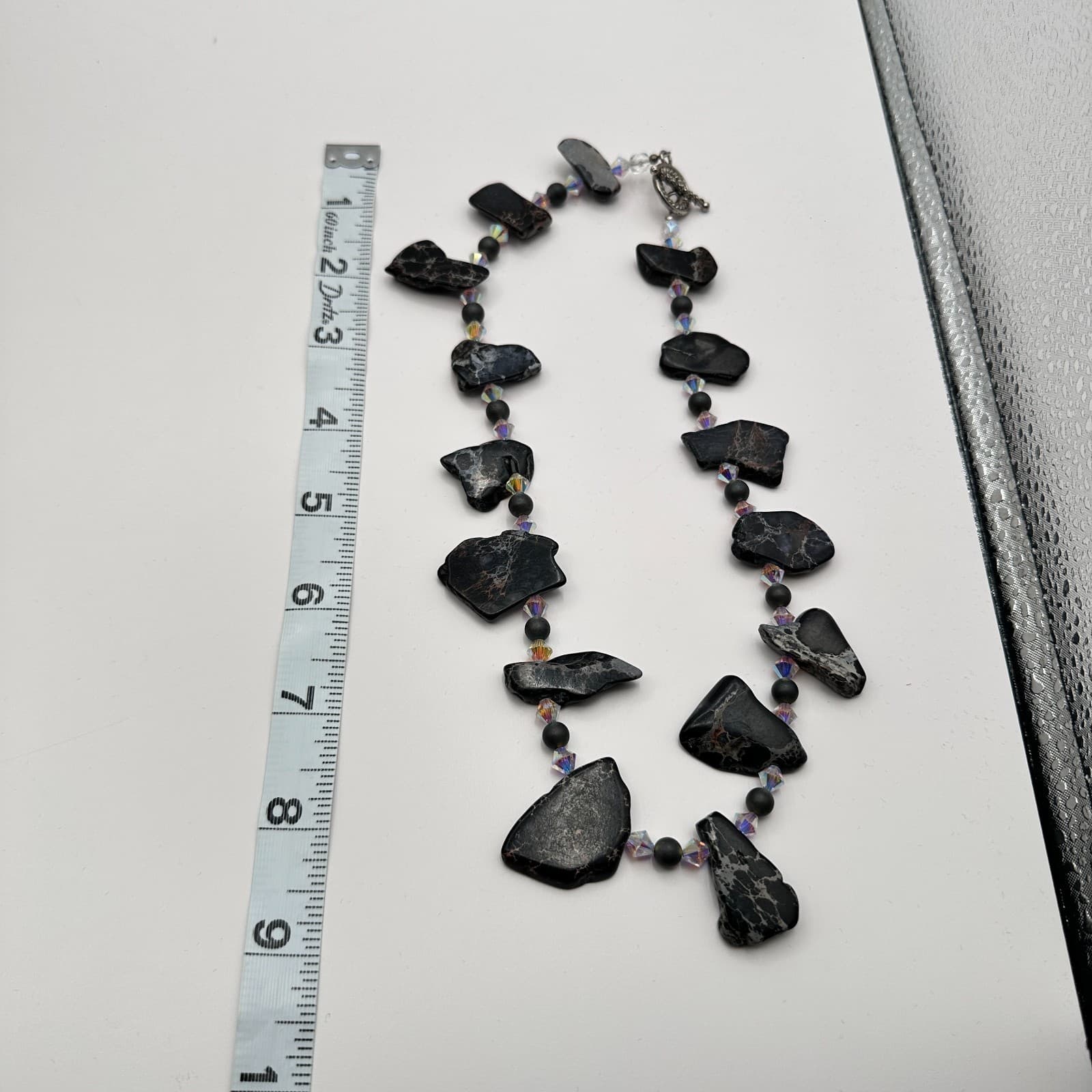 Vintage 90s Black Jasper Clear Iridescent Beaded Necklace Women's Jewelry - Thumbnail 8
