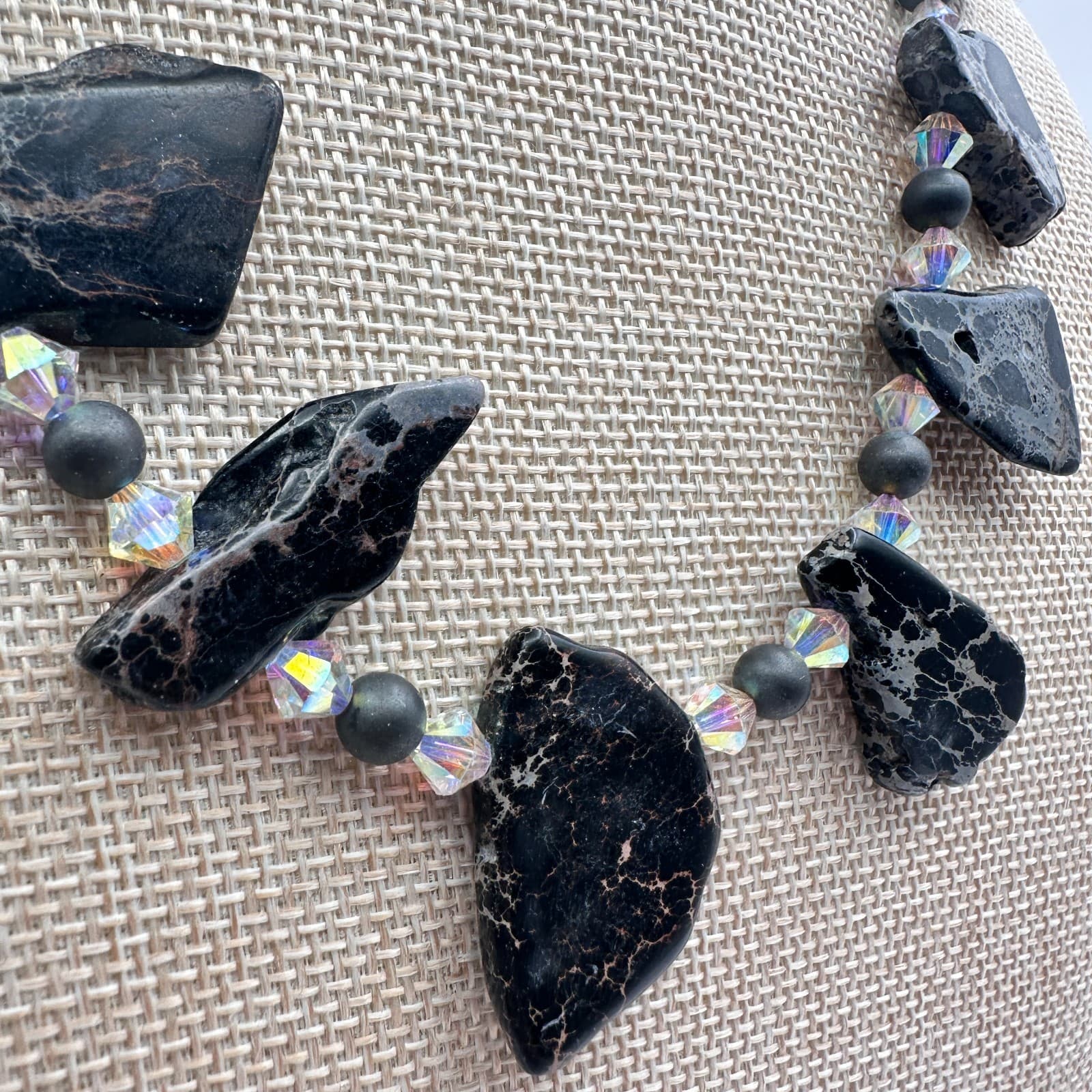 Vintage 90s Black Jasper Clear Iridescent Beaded Necklace Women's Jewelry - Thumbnail 4