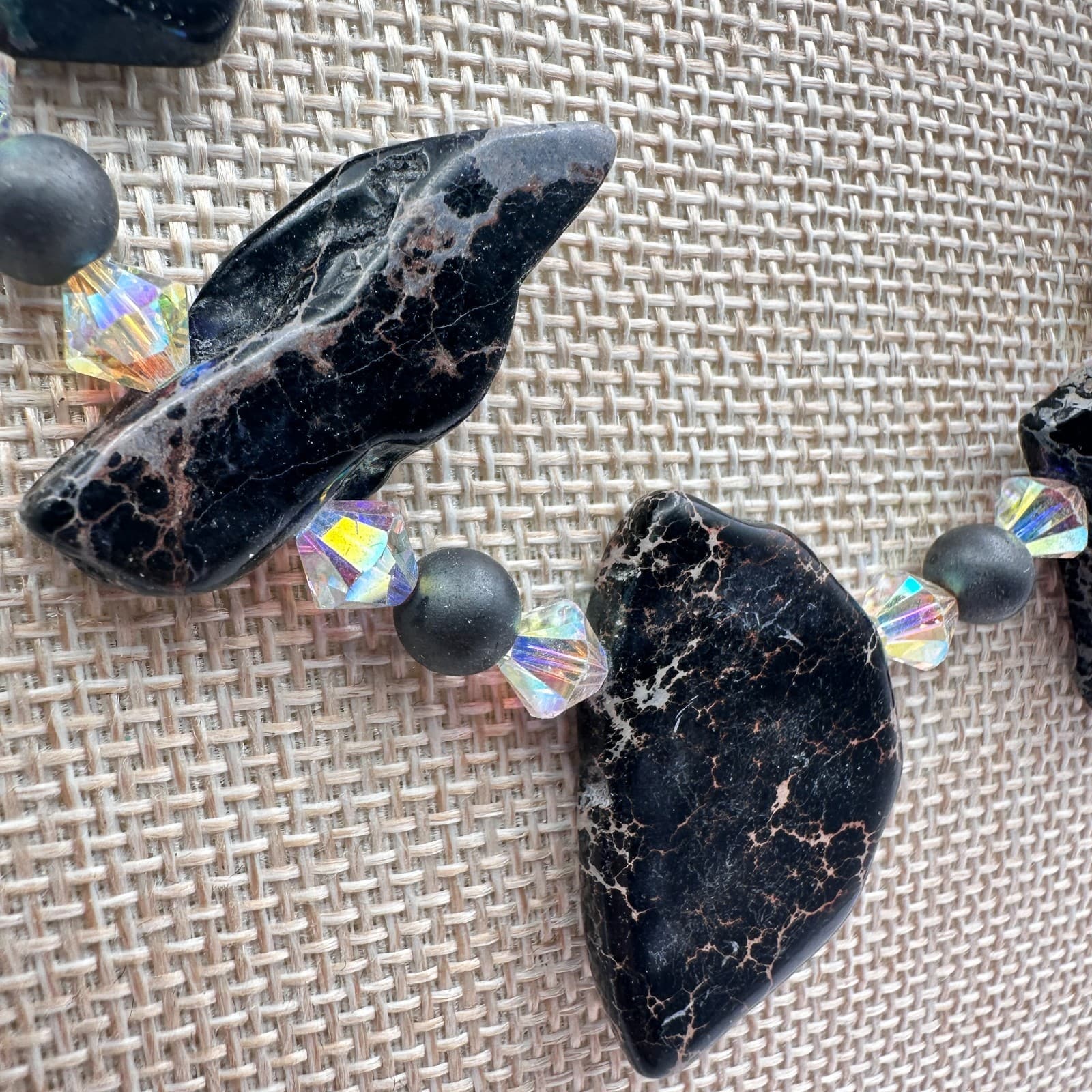 Vintage 90s Black Jasper Clear Iridescent Beaded Necklace Women's Jewelry - Thumbnail 5
