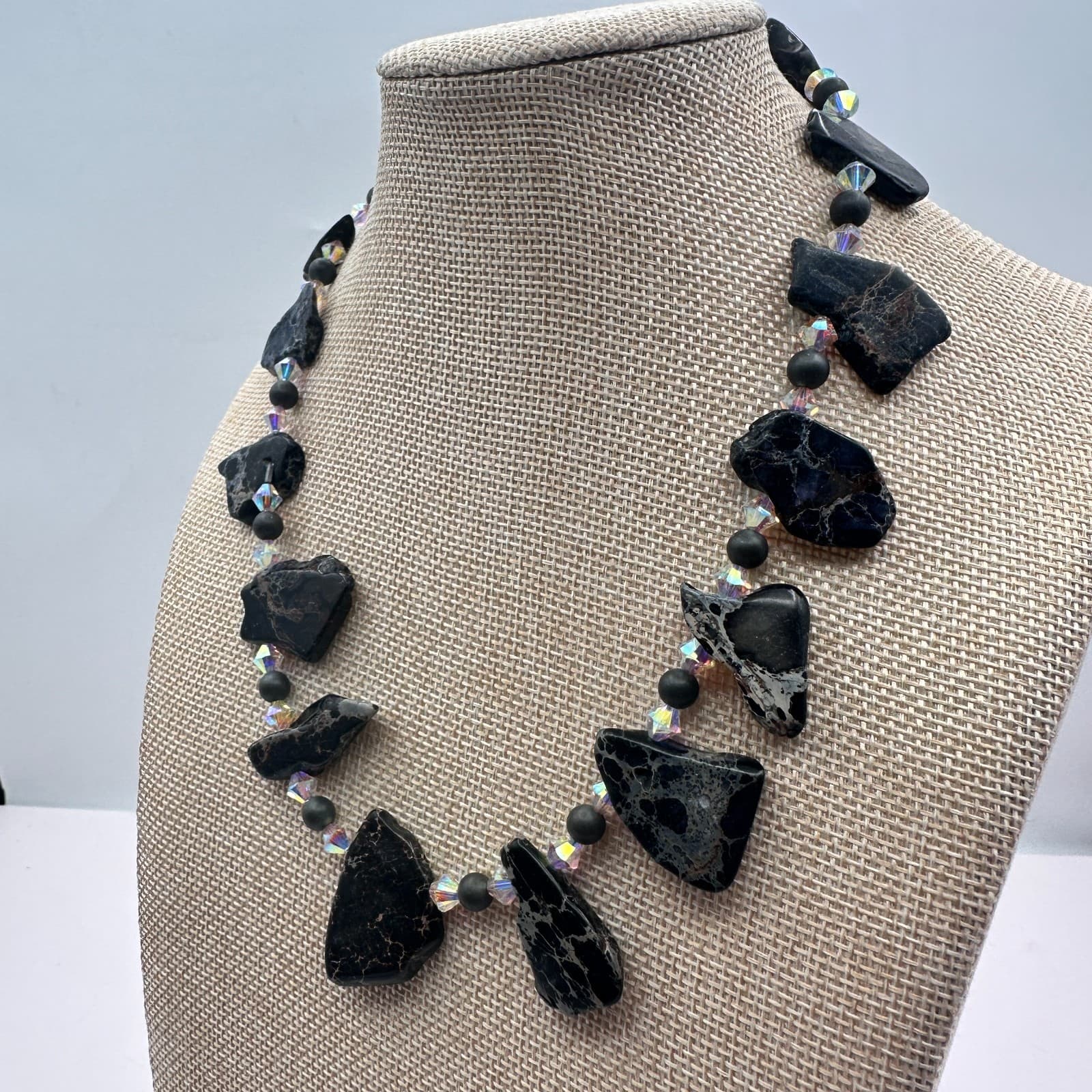 Vintage 90s Black Jasper Clear Iridescent Beaded Necklace Women's Jewelry - Thumbnail 2