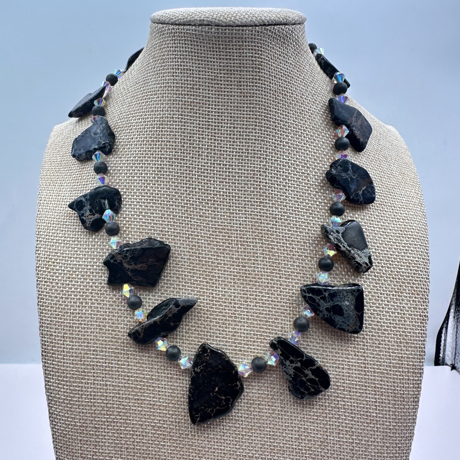 Vintage 90s Black Jasper Clear Iridescent Beaded Necklace Women's Jewelry - Thumbnail 6