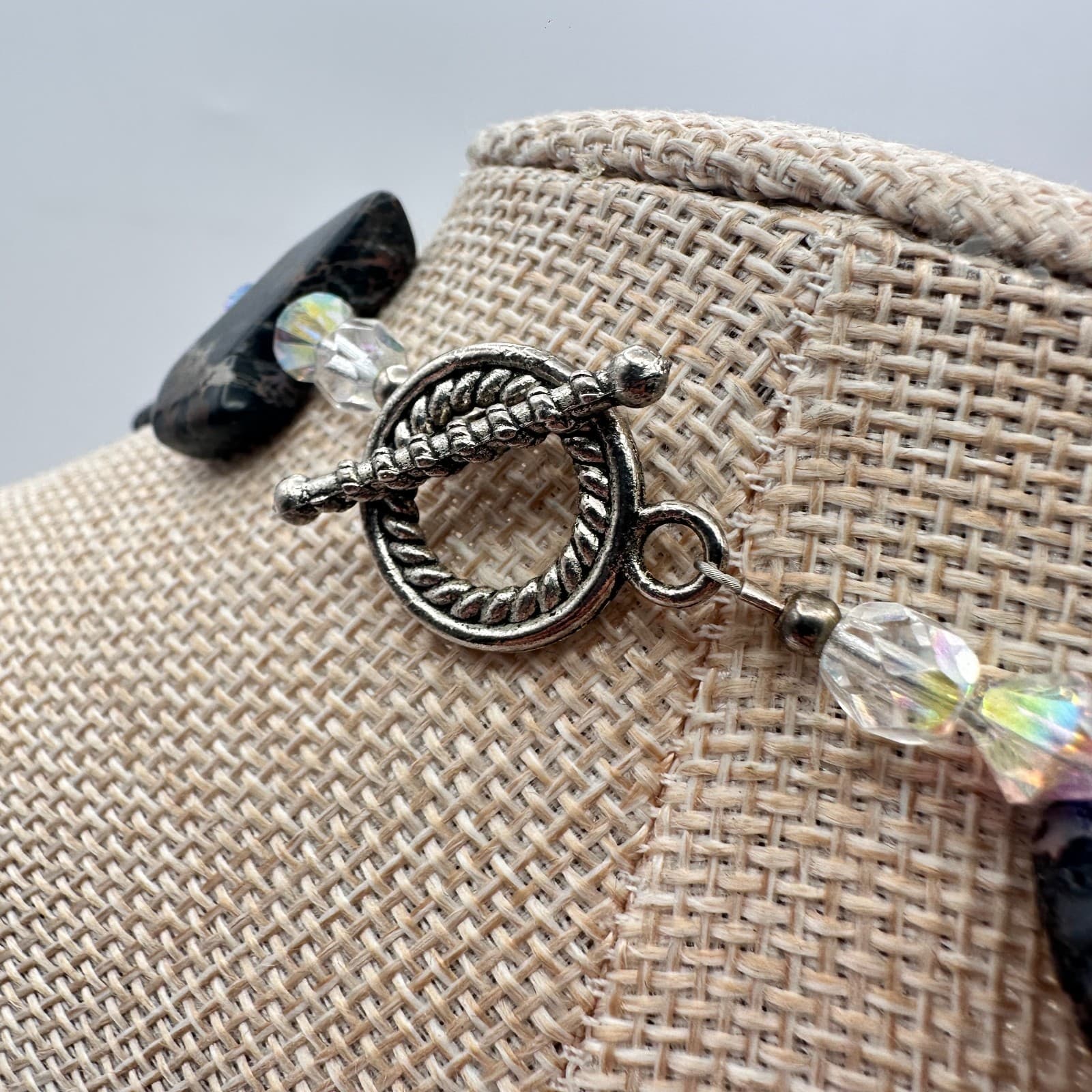 Vintage 90s Black Jasper Clear Iridescent Beaded Necklace Women's Jewelry - Thumbnail 7