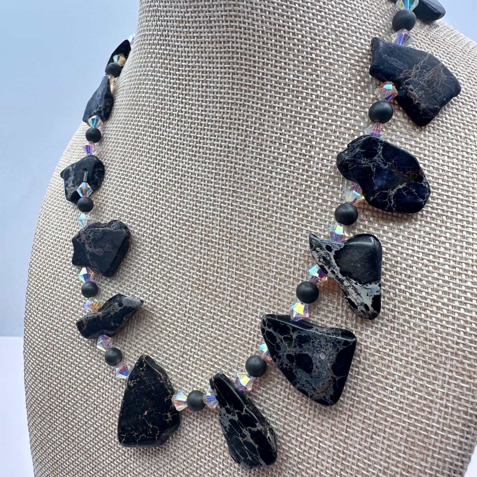 Vintage 90s Black Jasper Clear Iridescent Beaded Necklace Women's Jewelry - Thumbnail 11