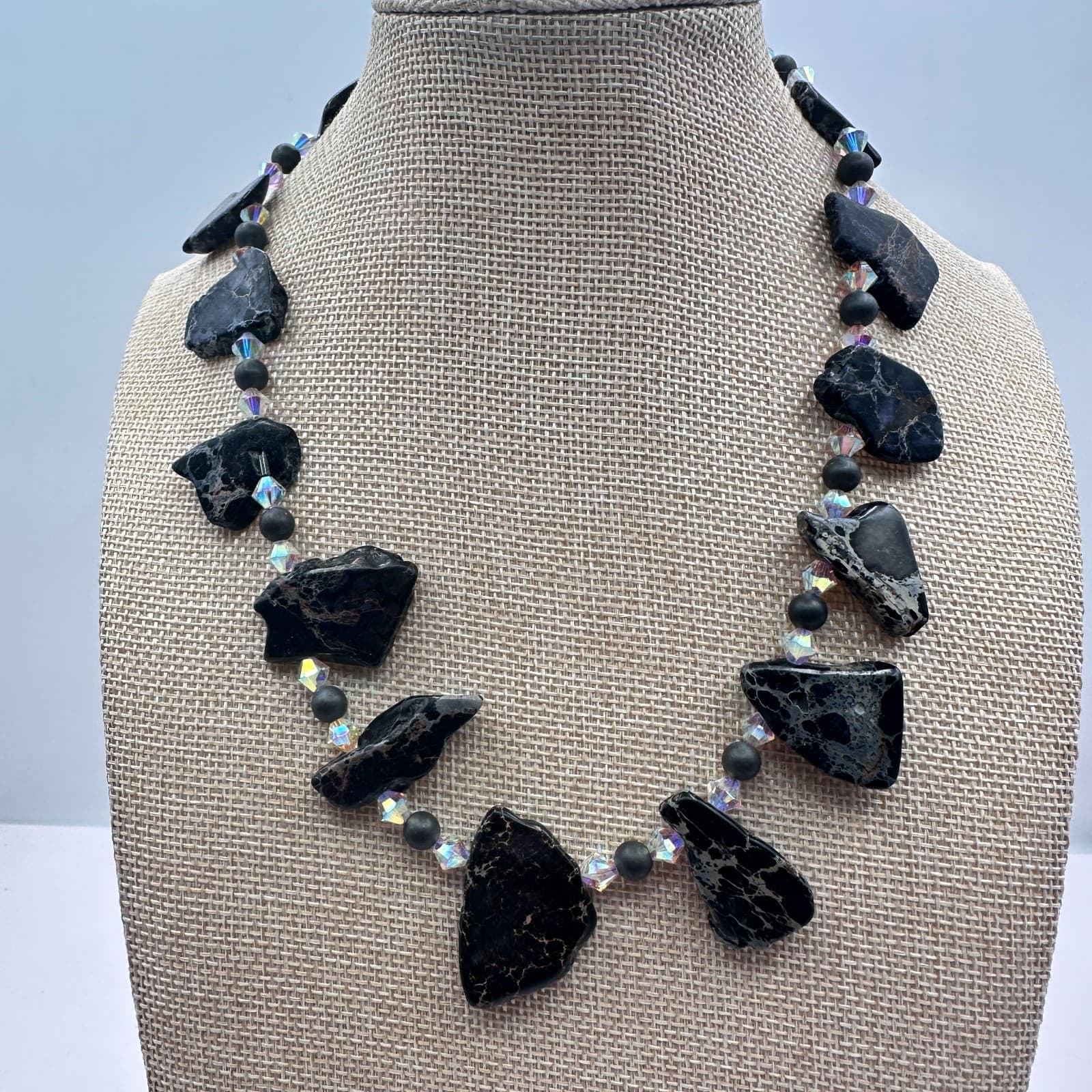 Vintage 90s Black Jasper Clear Iridescent Beaded Necklace Women's Jewelry - Thumbnail 10