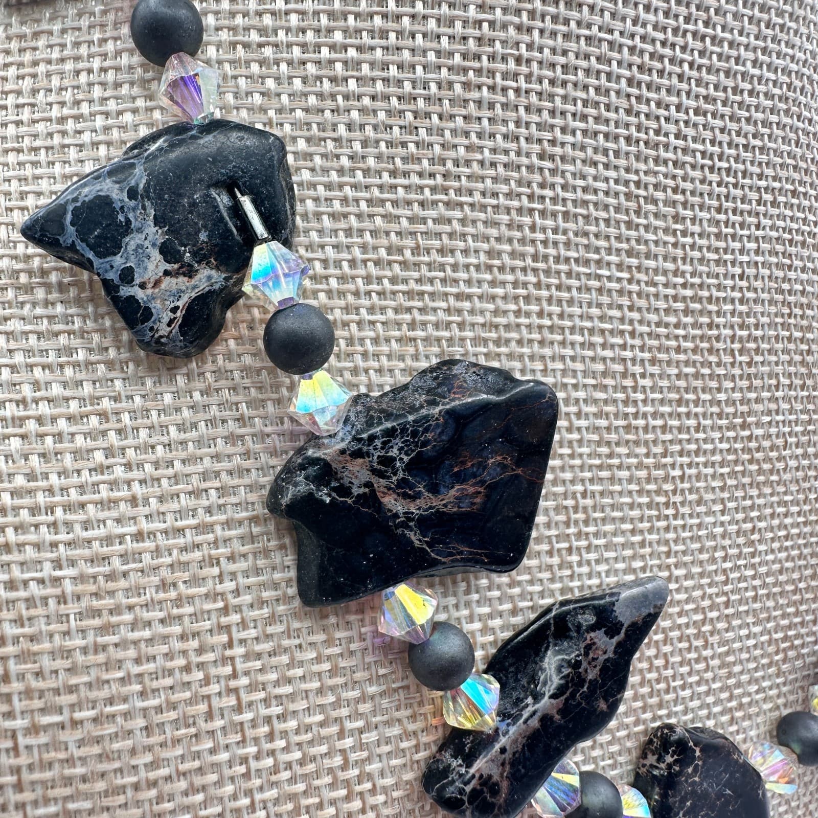 Vintage 90s Black Jasper Clear Iridescent Beaded Necklace Women's Jewelry - Thumbnail 3