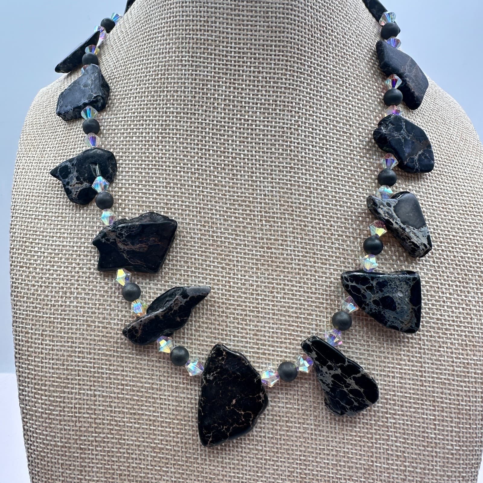 Vintage 90s Black Jasper Clear Iridescent Beaded Necklace Women's Jewelry