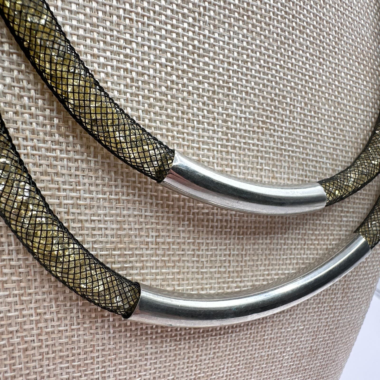 Vintage 90s Black Mesh Double Strand Glass Stones Necklace Silver Tone Jewelry - Thumbnail 4