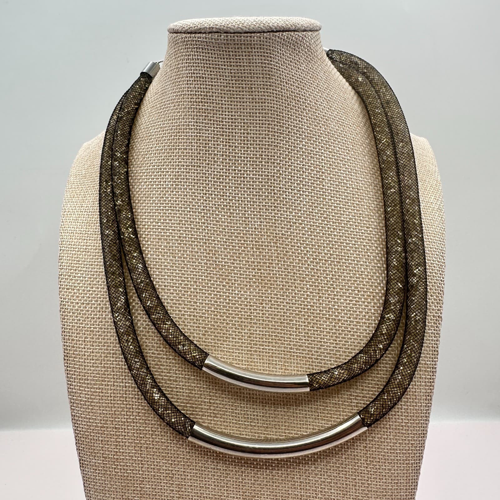 Vintage 90s Black Mesh Double Strand Glass Stones Necklace Silver Tone Jewelry - Thumbnail 7