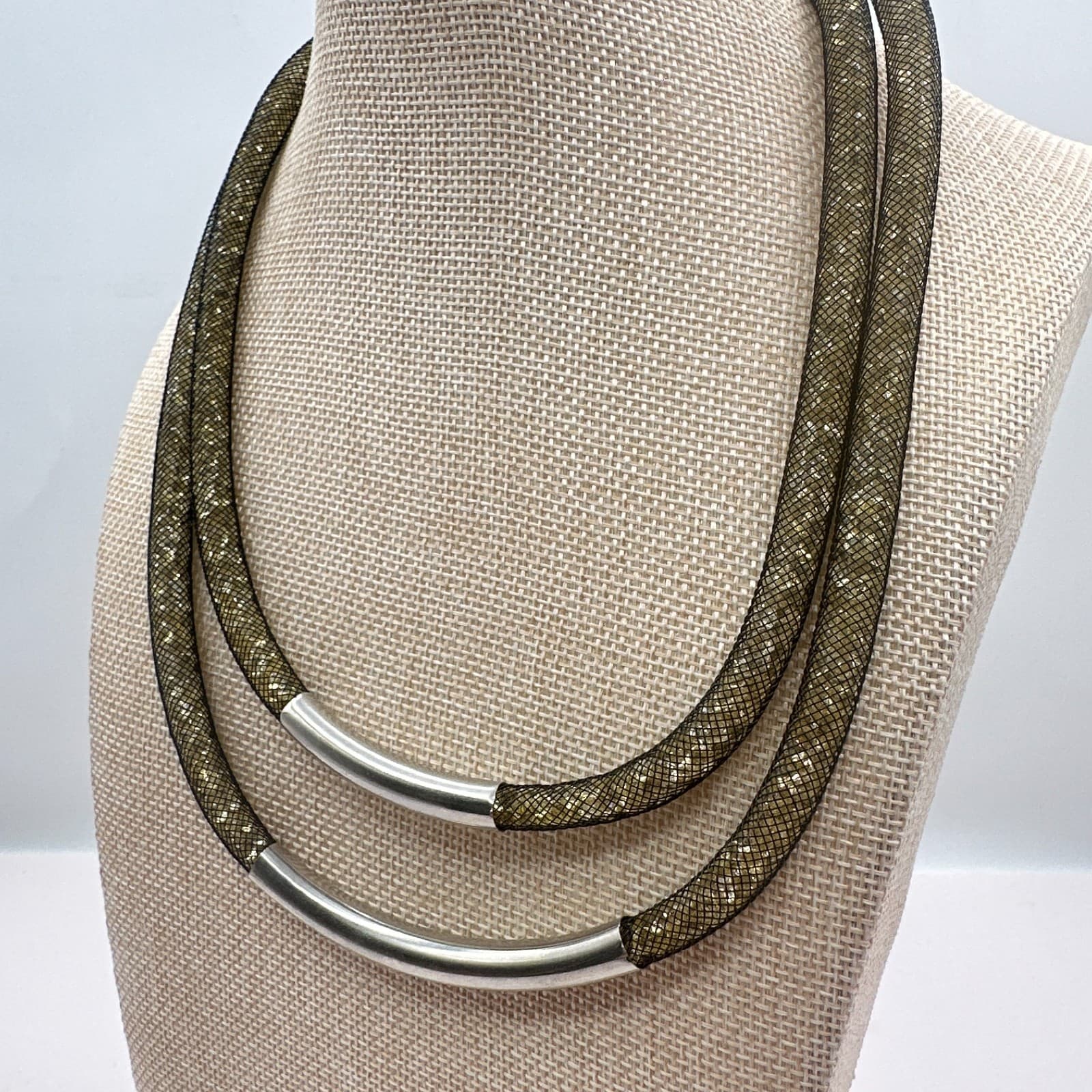 Vintage 90s Black Mesh Double Strand Glass Stones Necklace Silver Tone Jewelry - Thumbnail 3