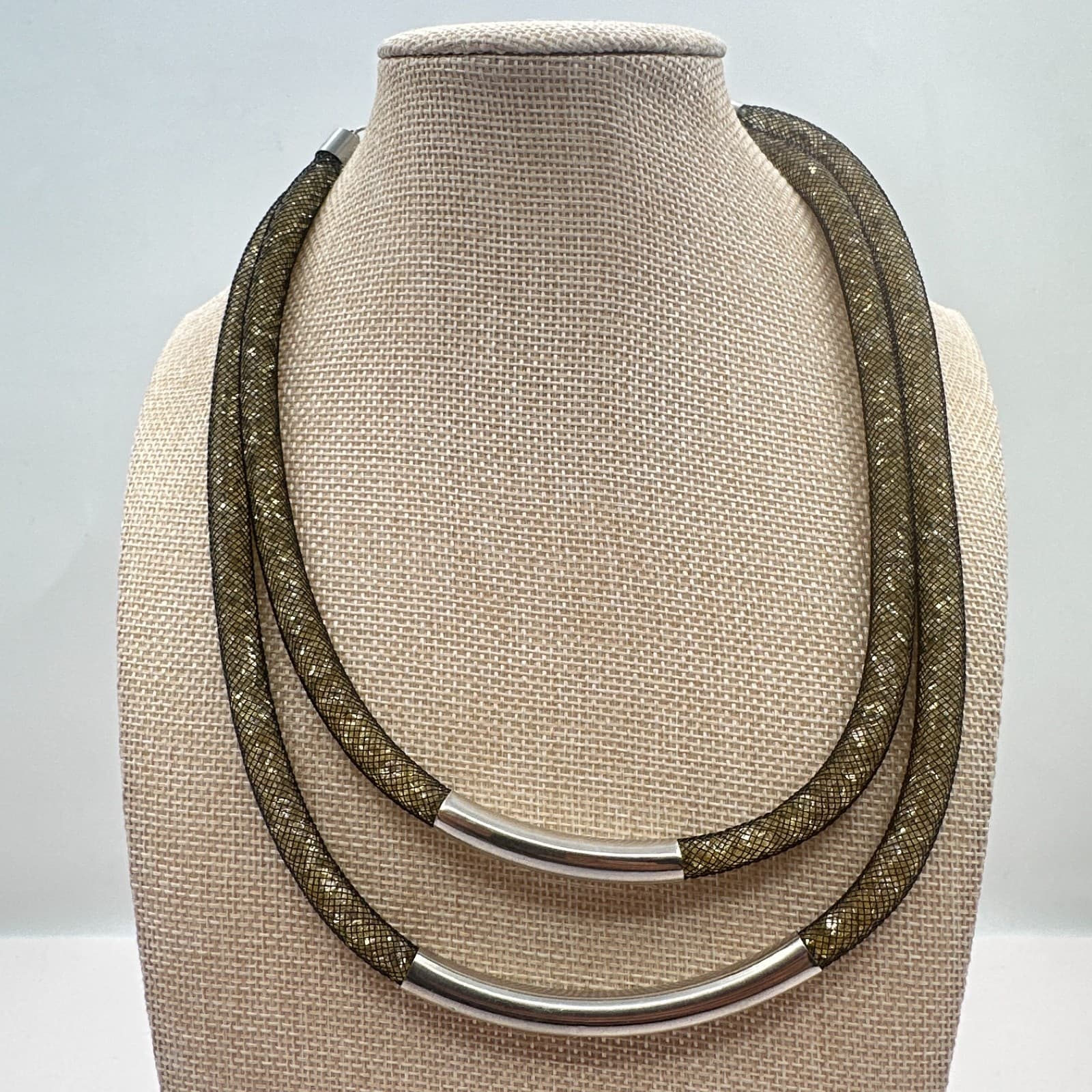 Vintage 90s Black Mesh Double Strand Glass Stones Necklace Silver Tone Jewelry