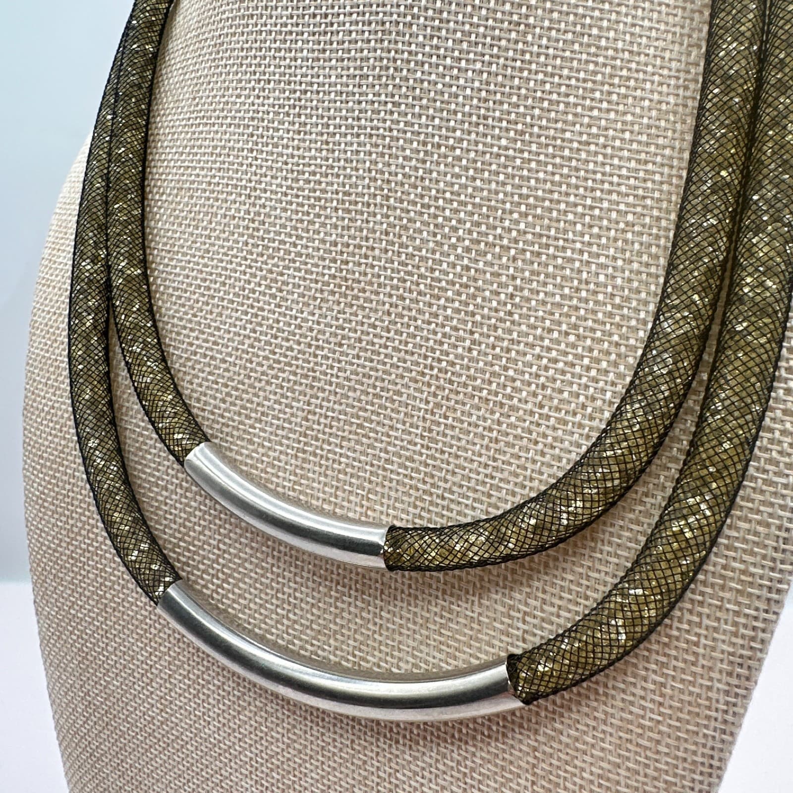 Vintage 90s Black Mesh Double Strand Glass Stones Necklace Silver Tone Jewelry - Thumbnail 2