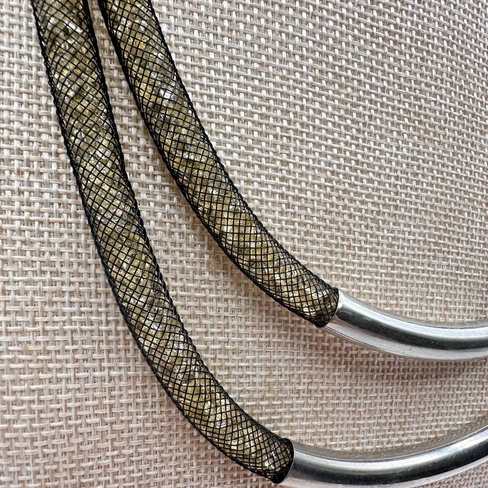 Vintage 90s Black Mesh Double Strand Glass Stones Necklace Silver Tone Jewelry - Thumbnail 5