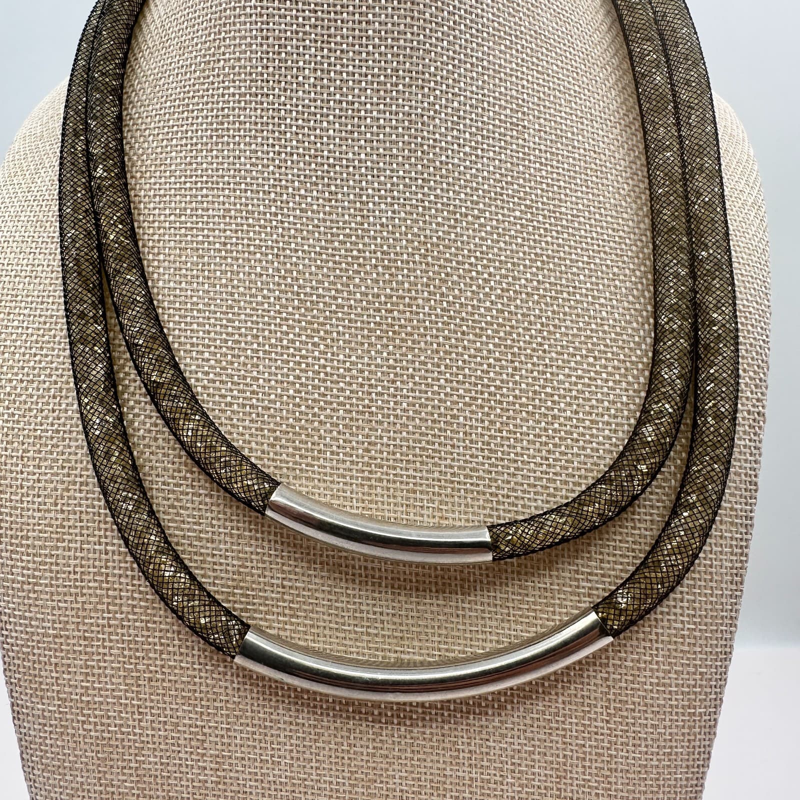 Vintage 90s Black Mesh Double Strand Glass Stones Necklace Silver Tone Jewelry - Thumbnail 6