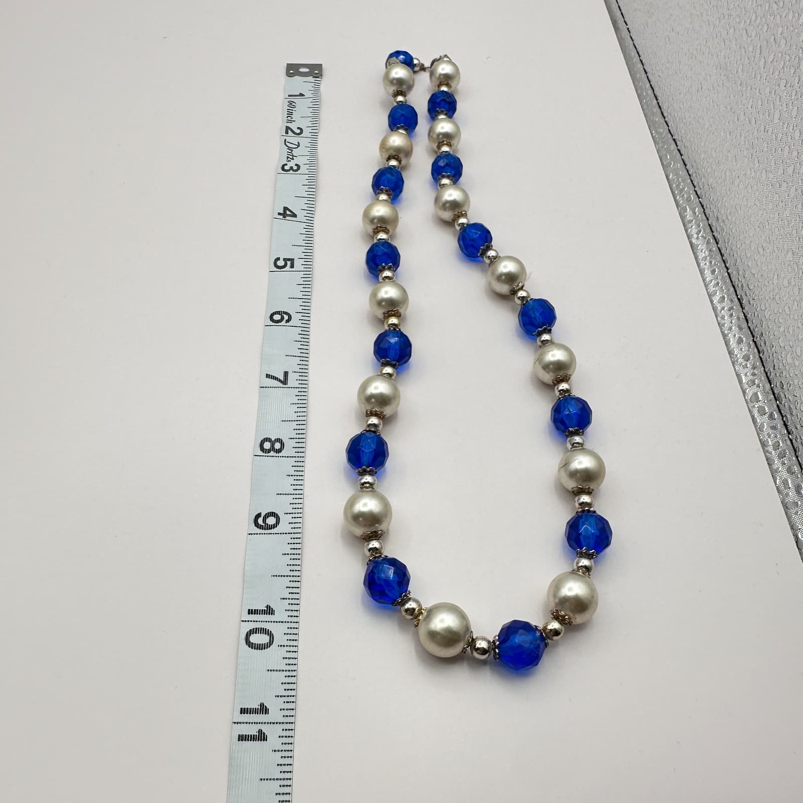 Vintage 90s Silver Tone Faux Pearl Faceted Beaded Necklace Women's Jewelry Y2K - Thumbnail 10